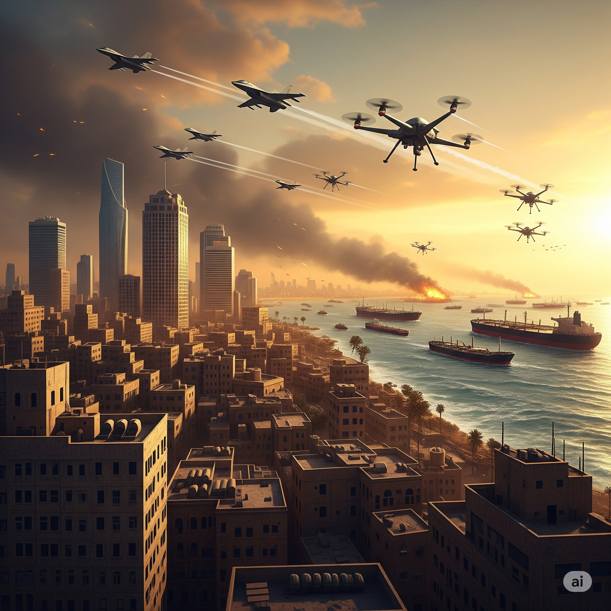 Tense Middle Eastern skyline with drones.