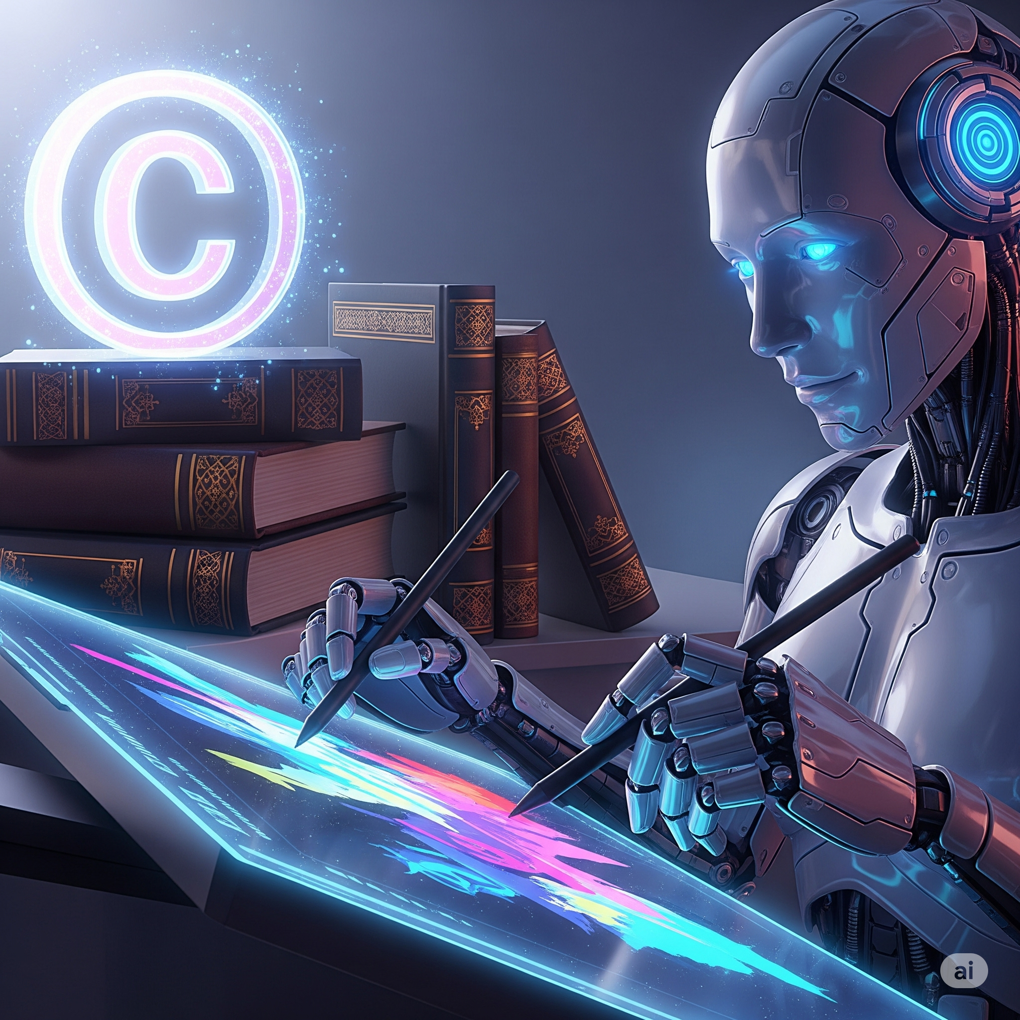 Robot painting with copyright symbol in background.
