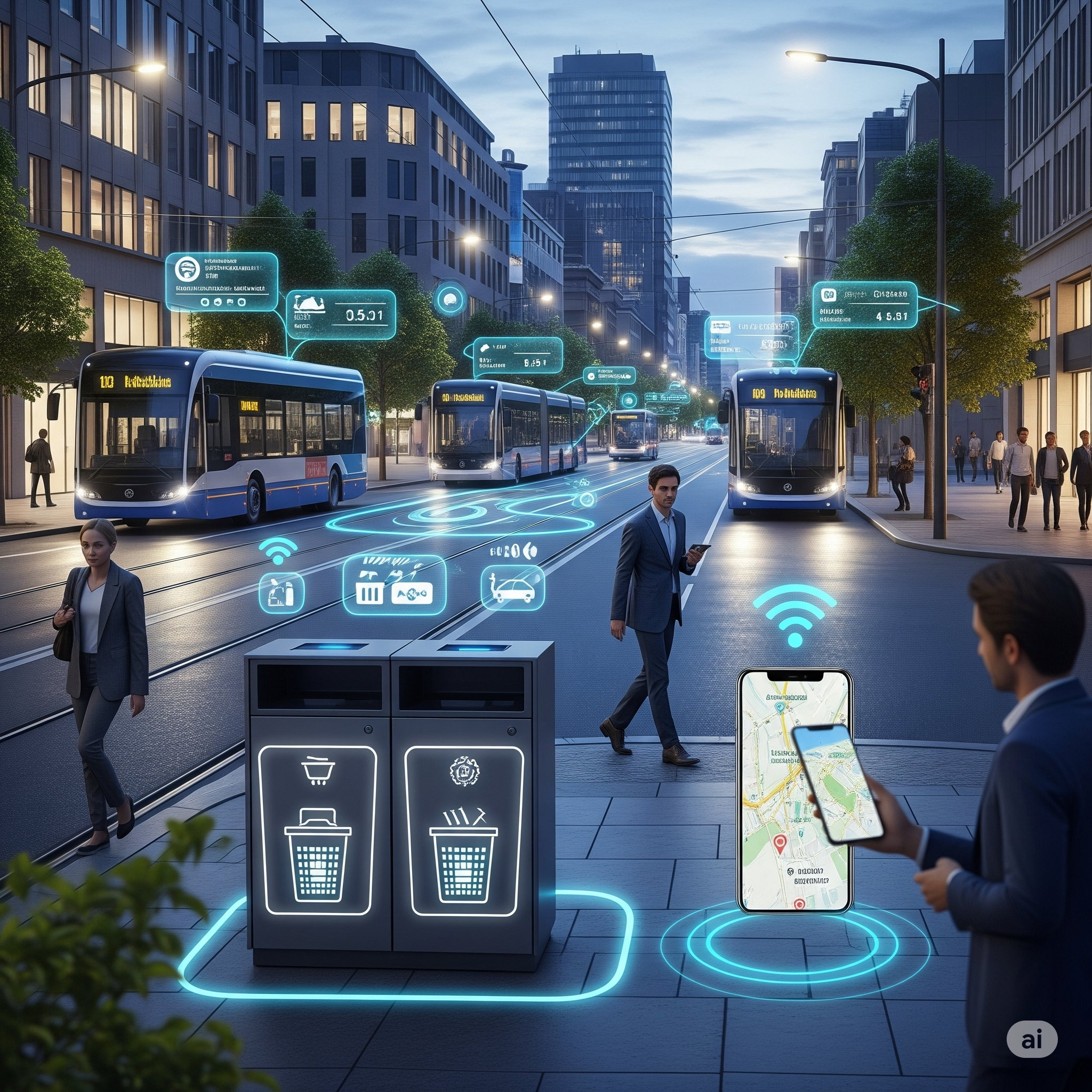 Smart city street with IoT bins.