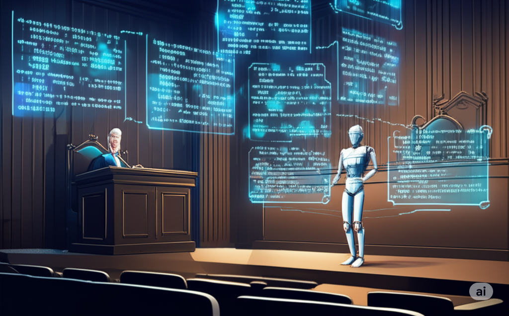 Robot and judge in futuristic copyright debate.