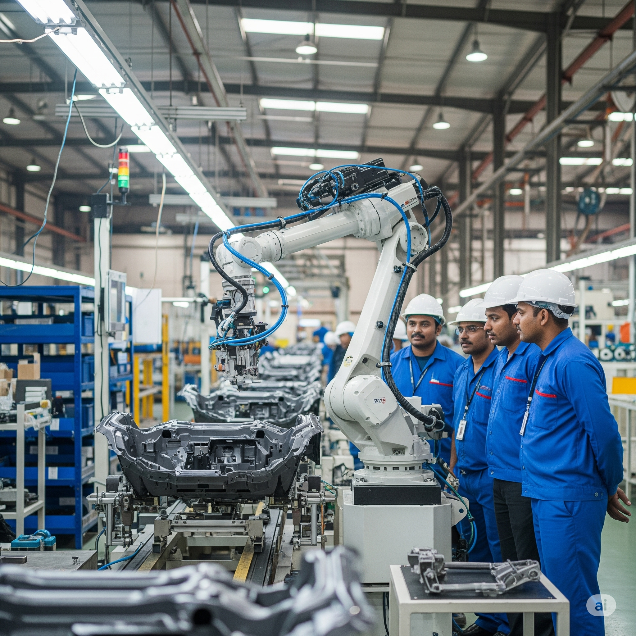 Robotic arm assembling car parts in Indian factory.