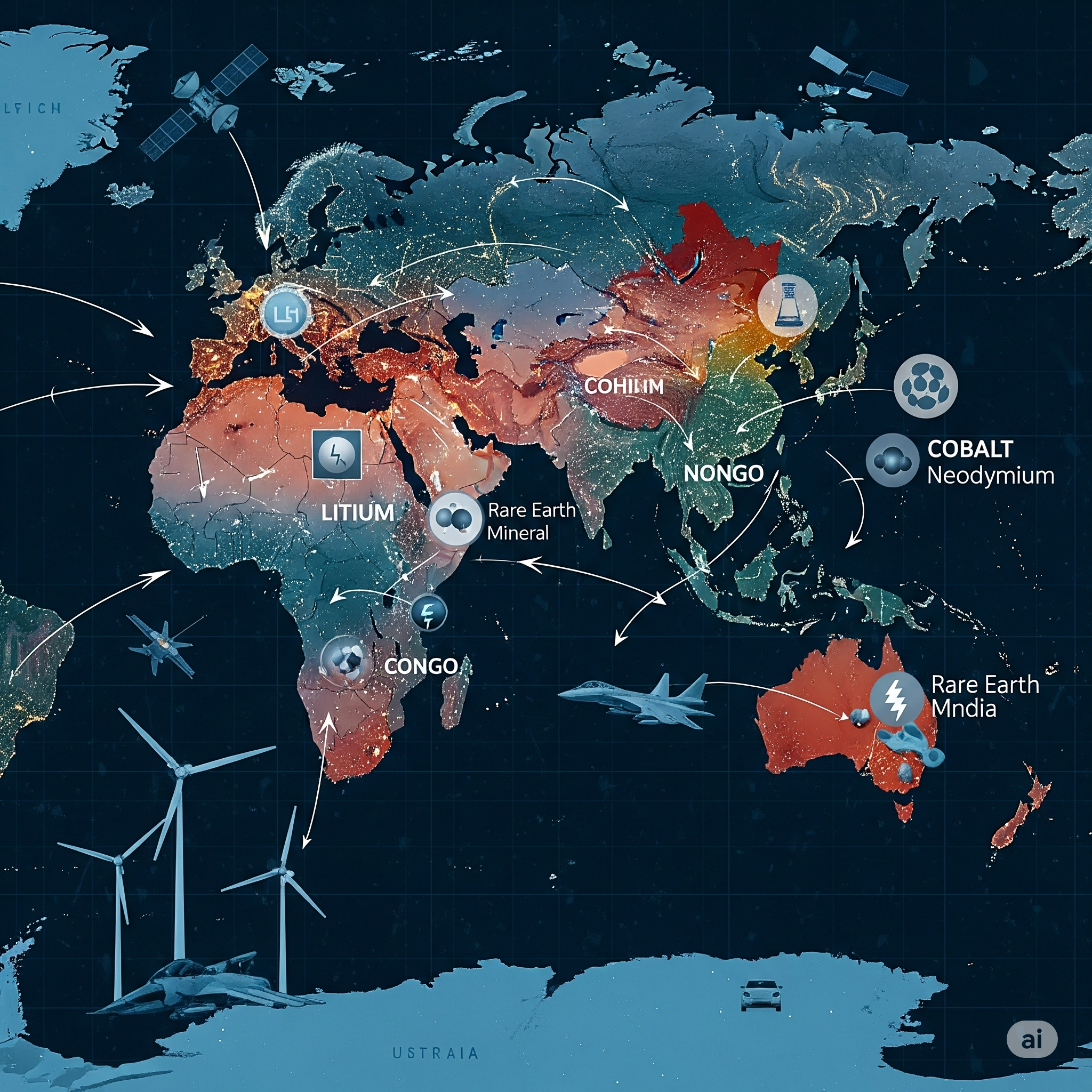 Mineral-rich regions on a futuristic world map.