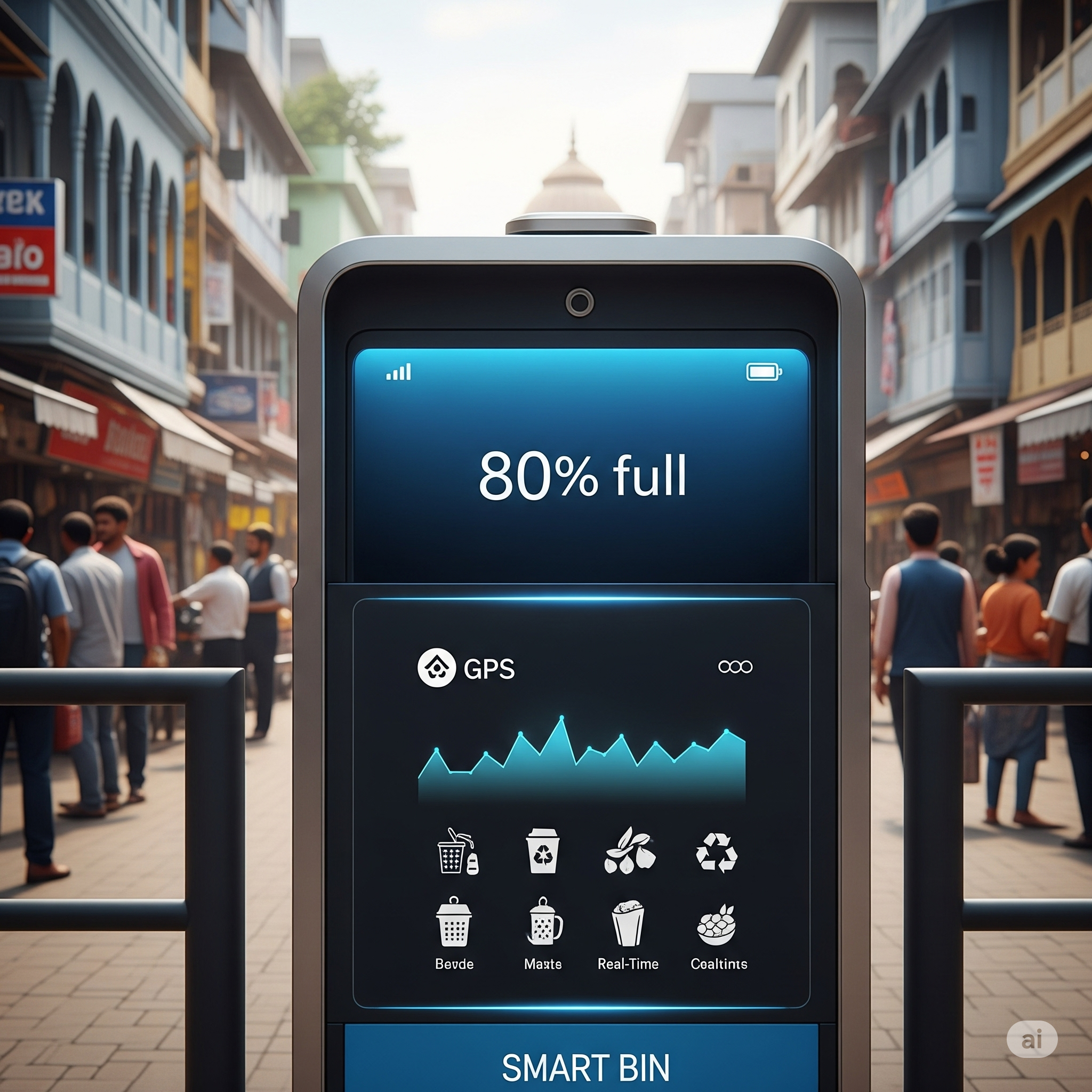 Smart waste bin in India: 80% full, GPS, waste types.