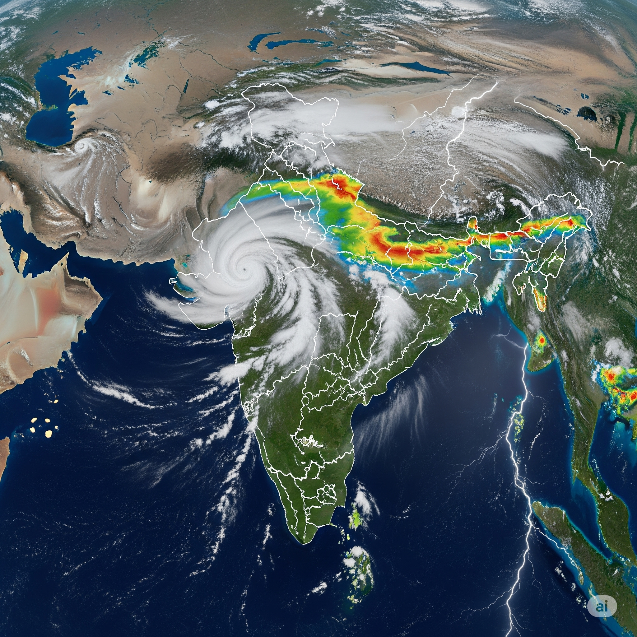 Monsoon clouds over India from satellite view.