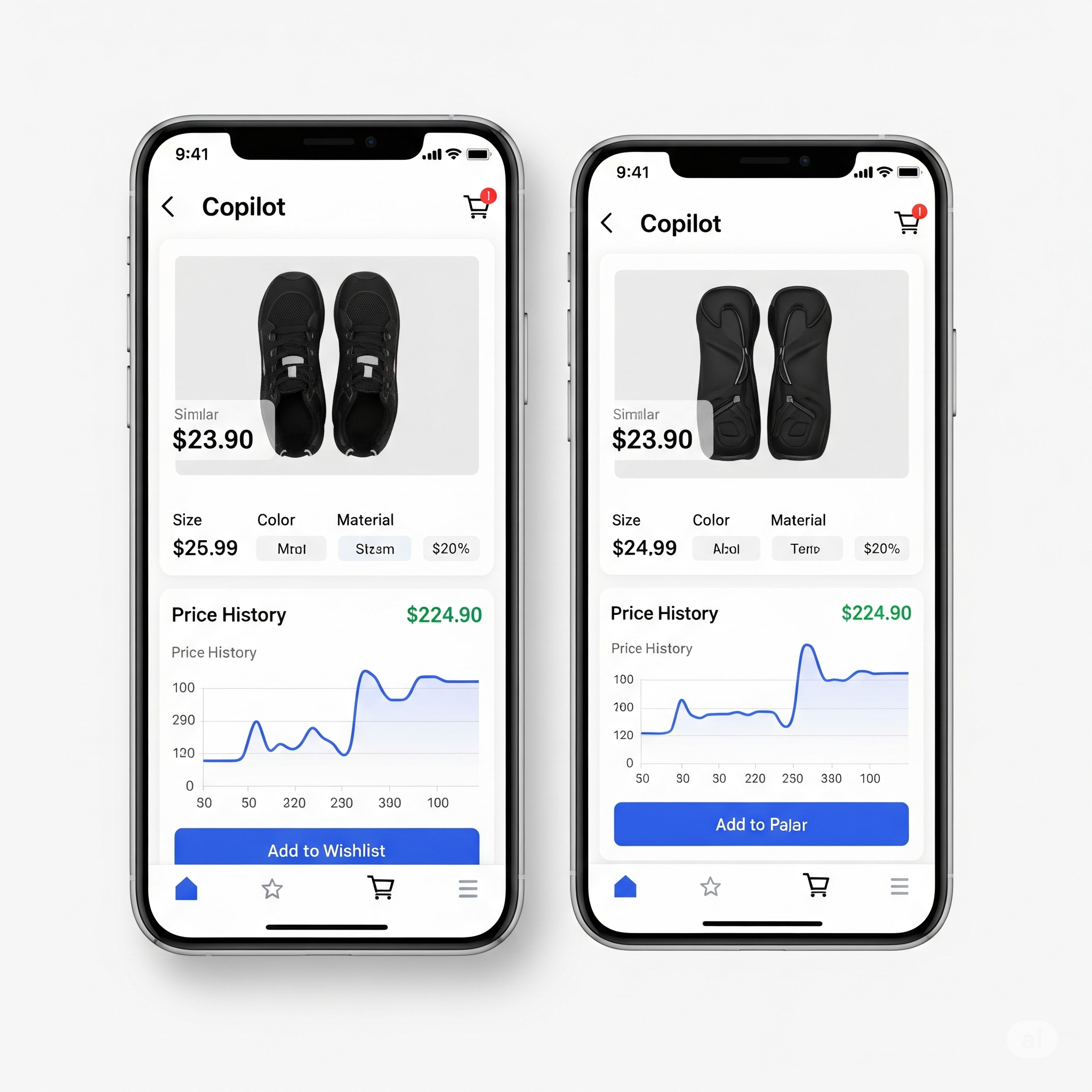 Copilot app showing product comparisons and price tracking.