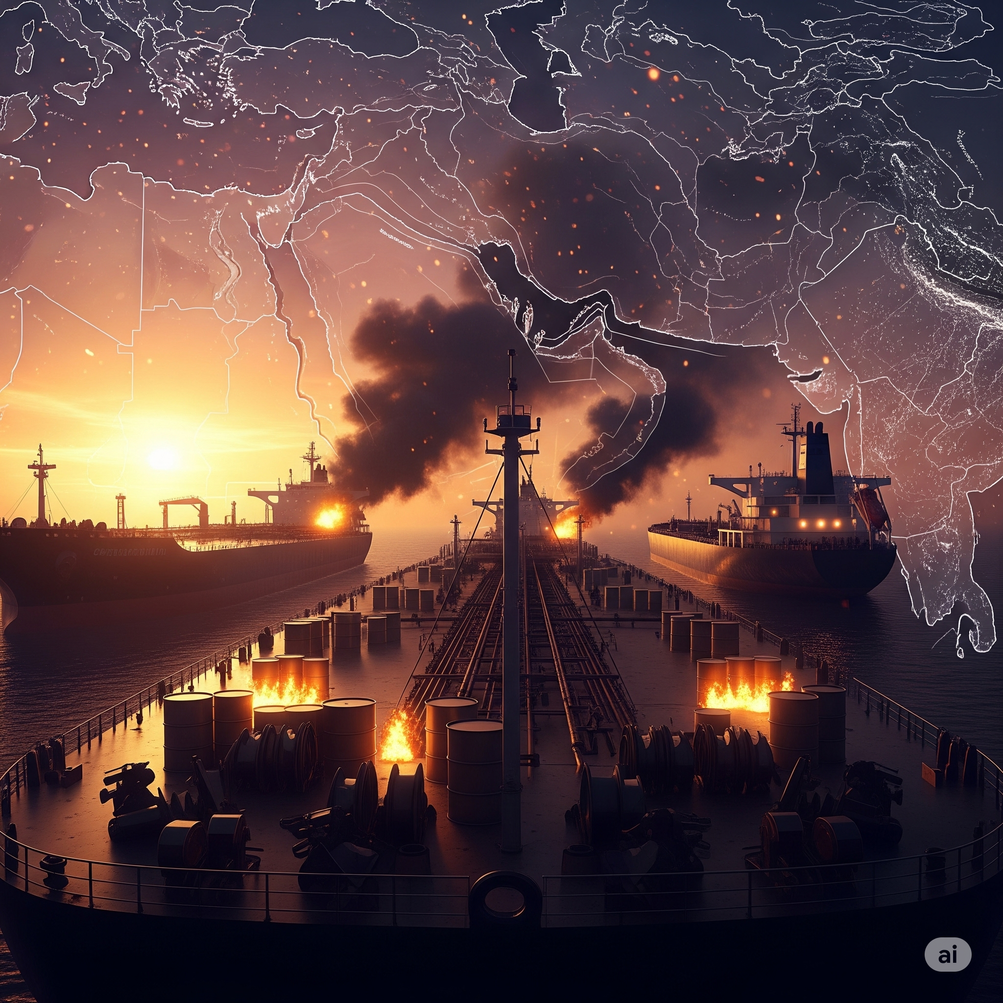 Middle East oil tankers under threat, dramatic sky.