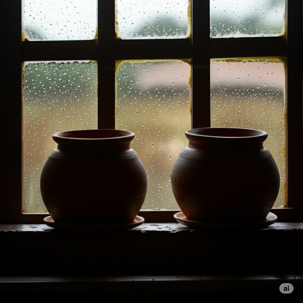 Clay pots drying by rainy Indian kitchen window.