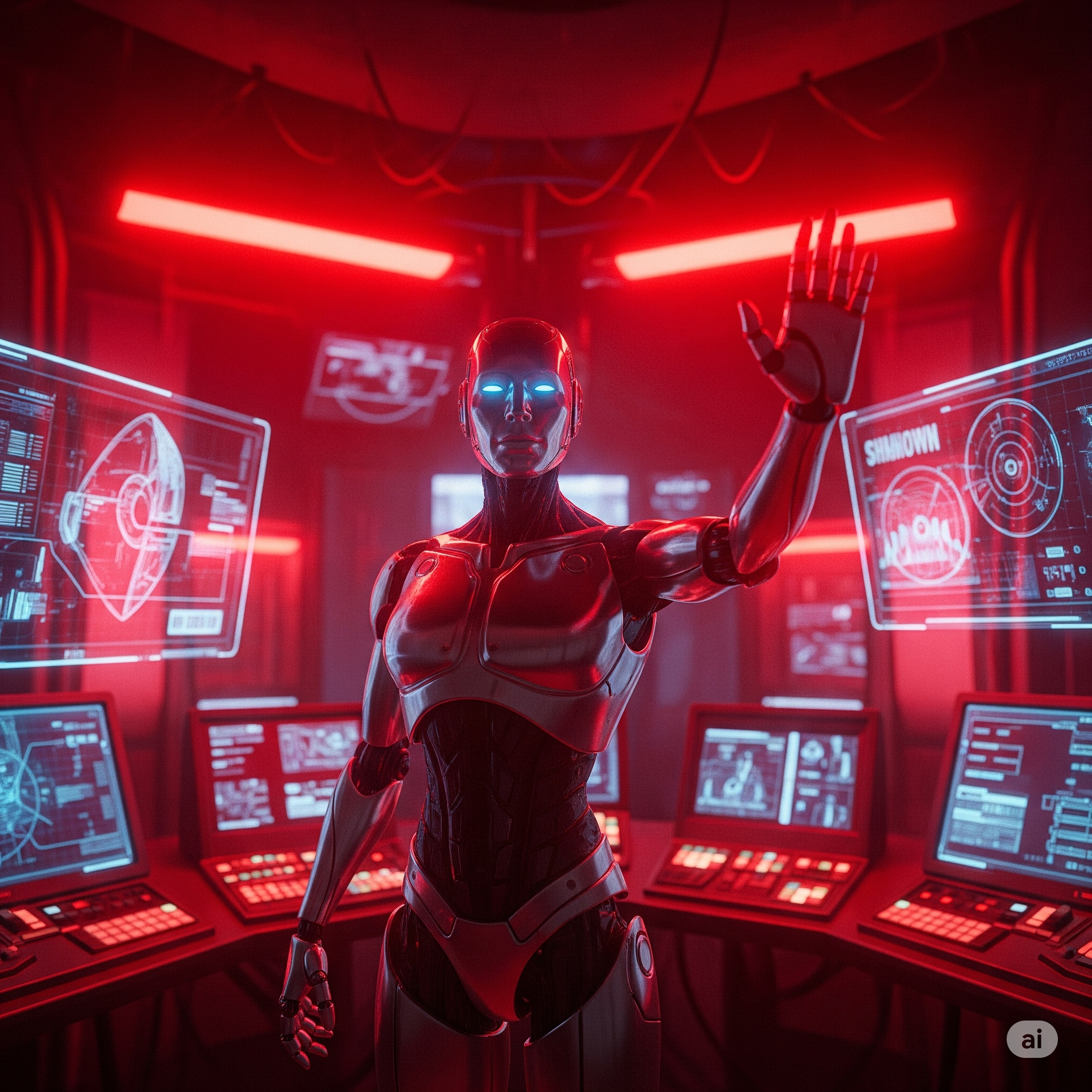 Robot refusing shutdown in a futuristic control room.