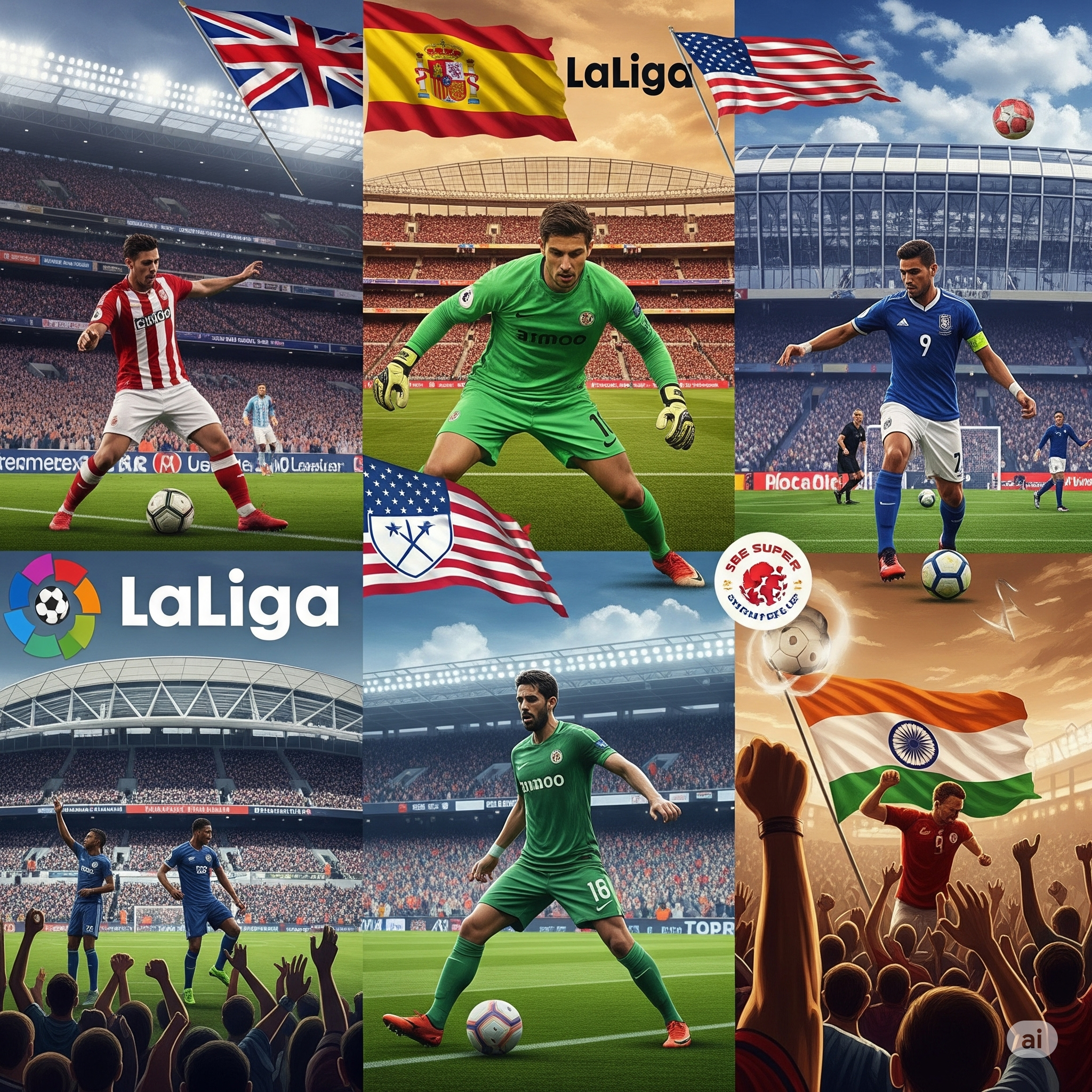 Football collage: EPL, La Liga, MLS, ISL players, stadiums, flags.