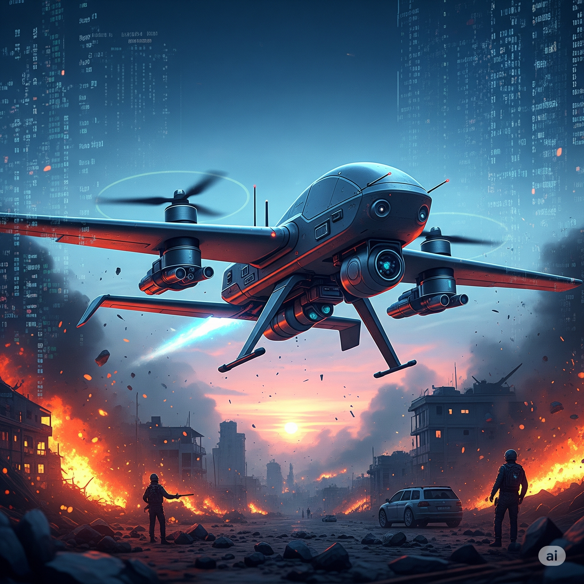 Autonomous drone over conflict zone, open-source tech.