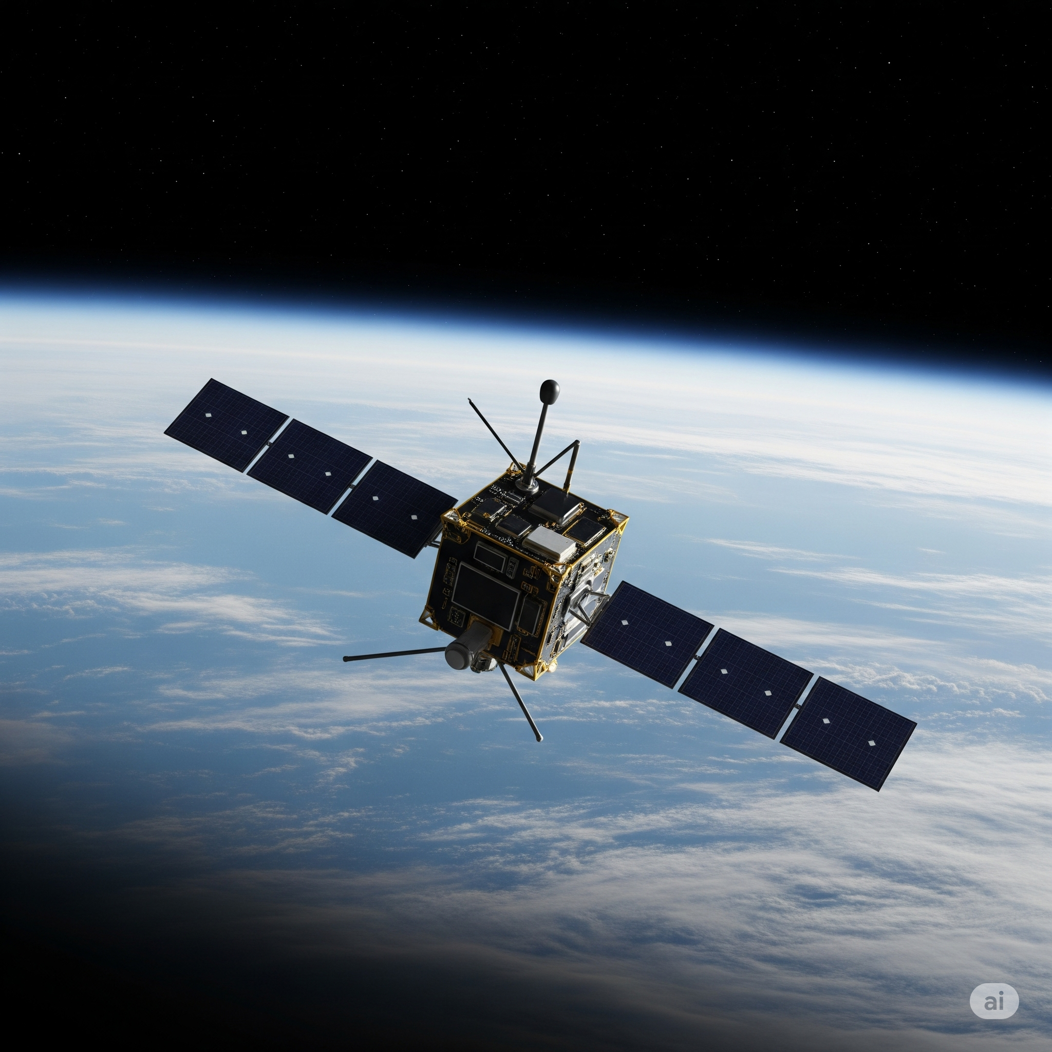 CubeSat with antennas, solar panels orbiting Earth.