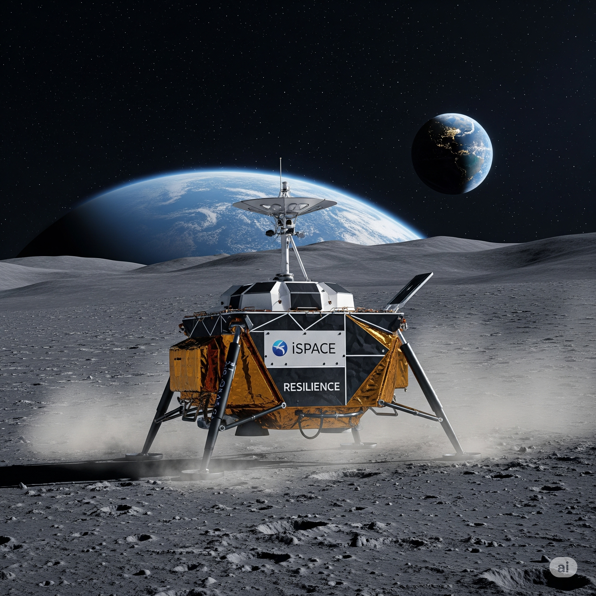 Robotic lunar lander Resilience touches down on Moon.