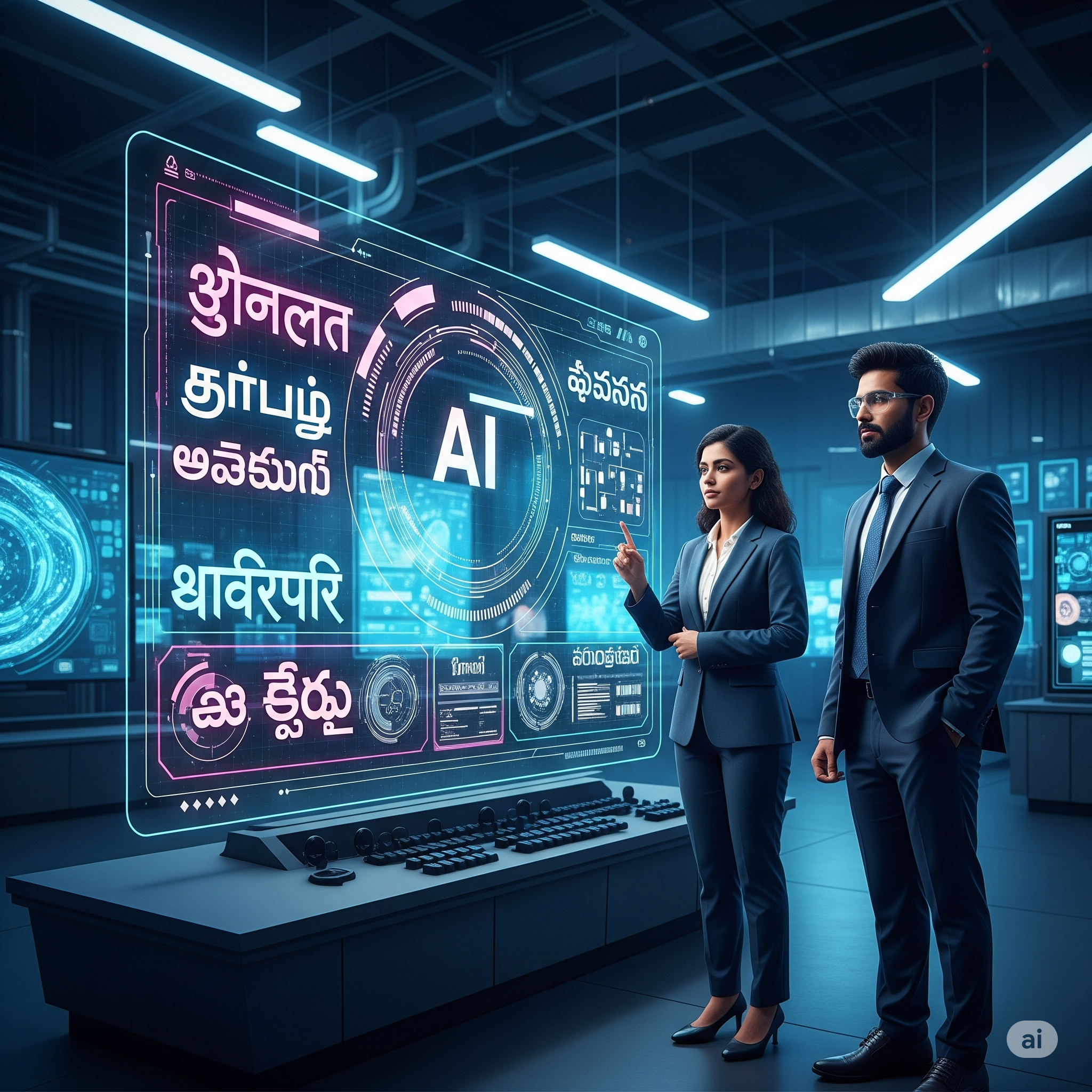 Indian scientists with AI interface showing Indian language scripts.