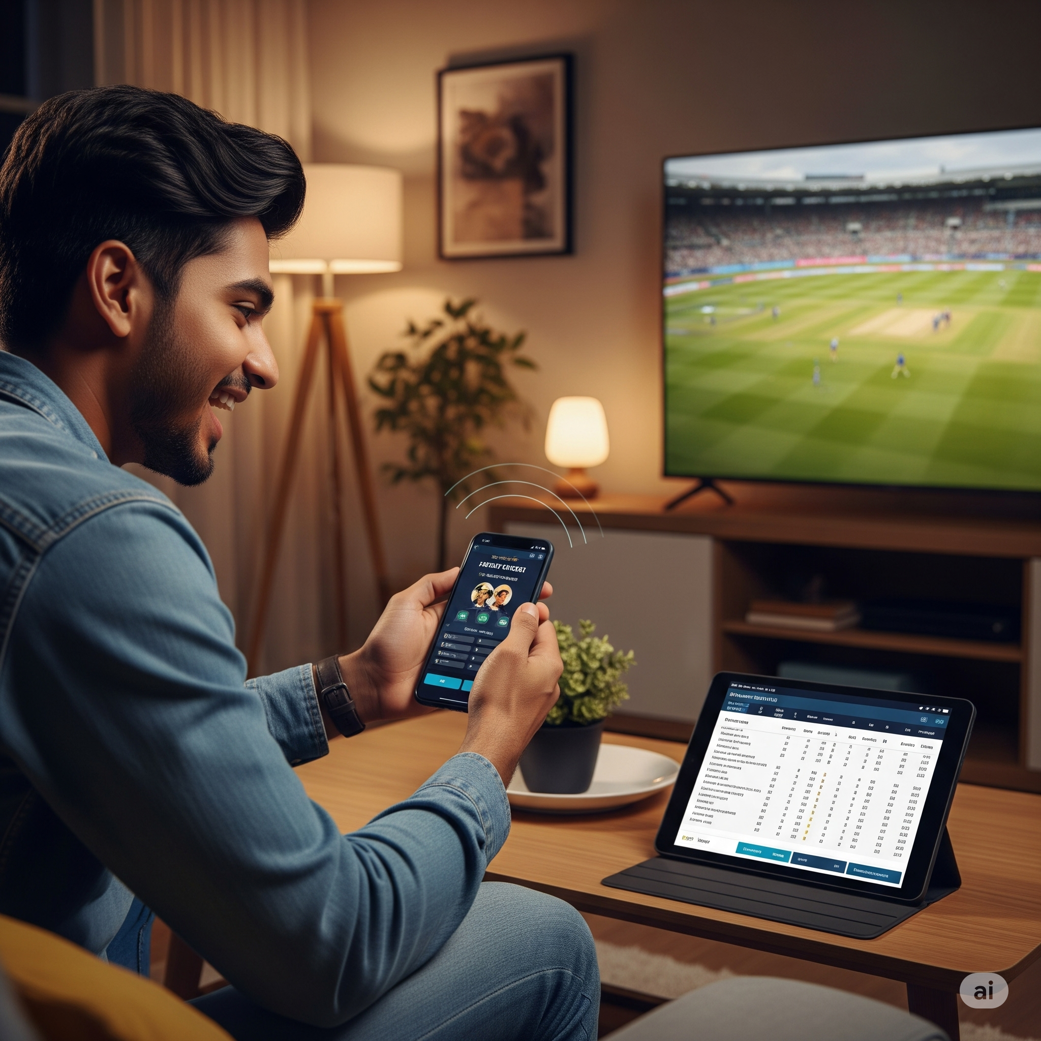Young Indian fan watching cricket, using fantasy app and tablet.