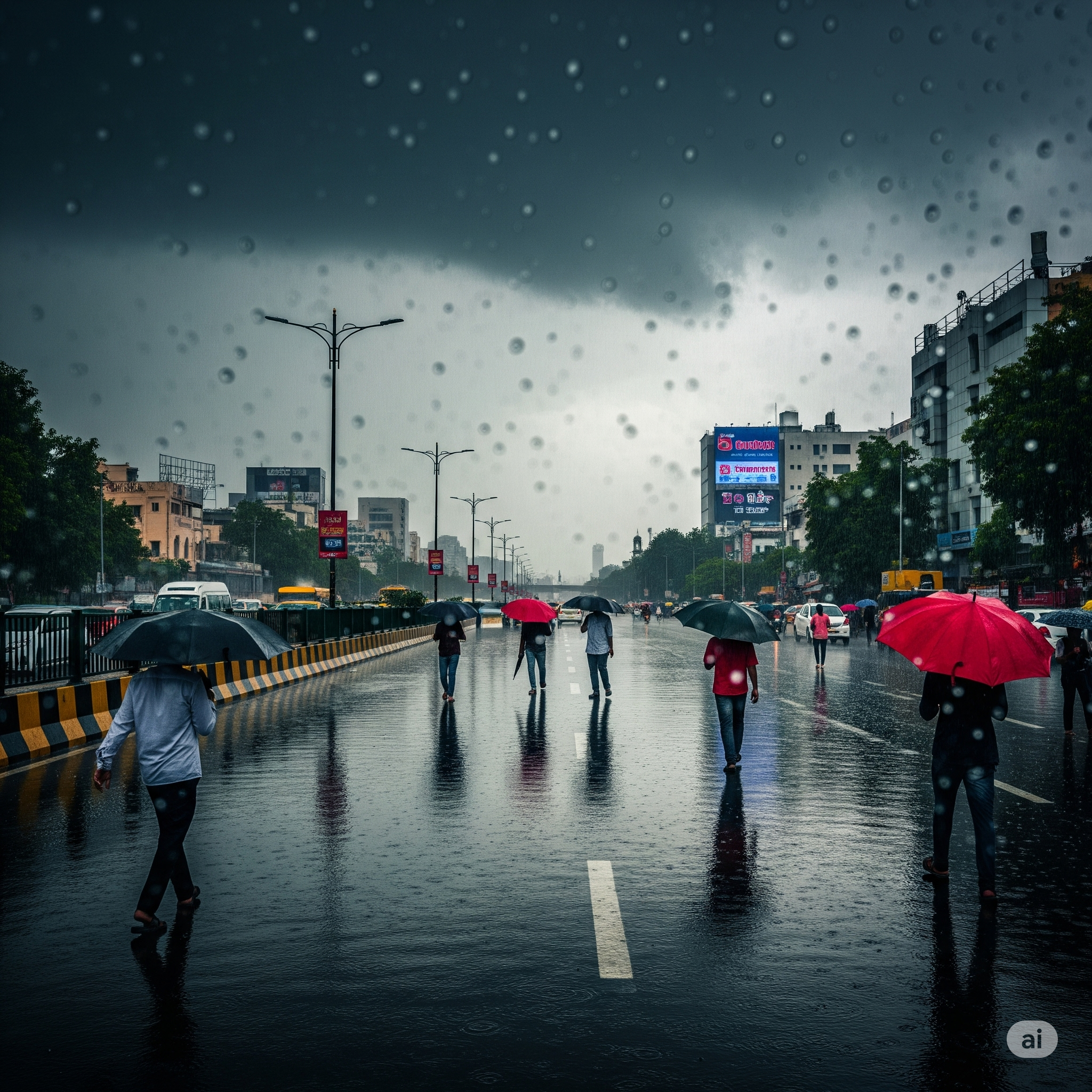 Monsoon in Delhi with colorful umbrellas.