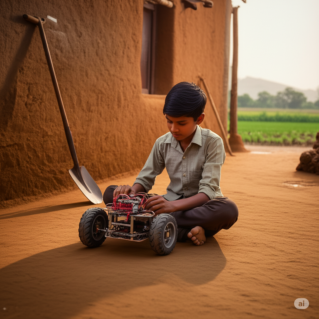 Indian teen building farm robot in rural village courtyard.