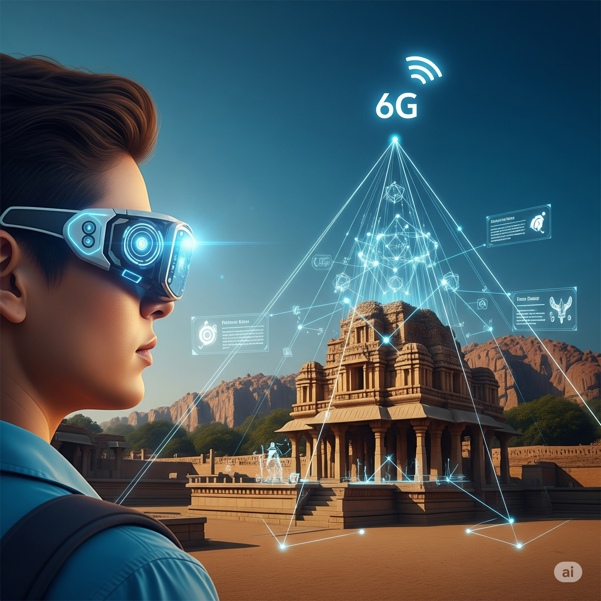 Futuristic traveler at ancient Indian monument with AR.