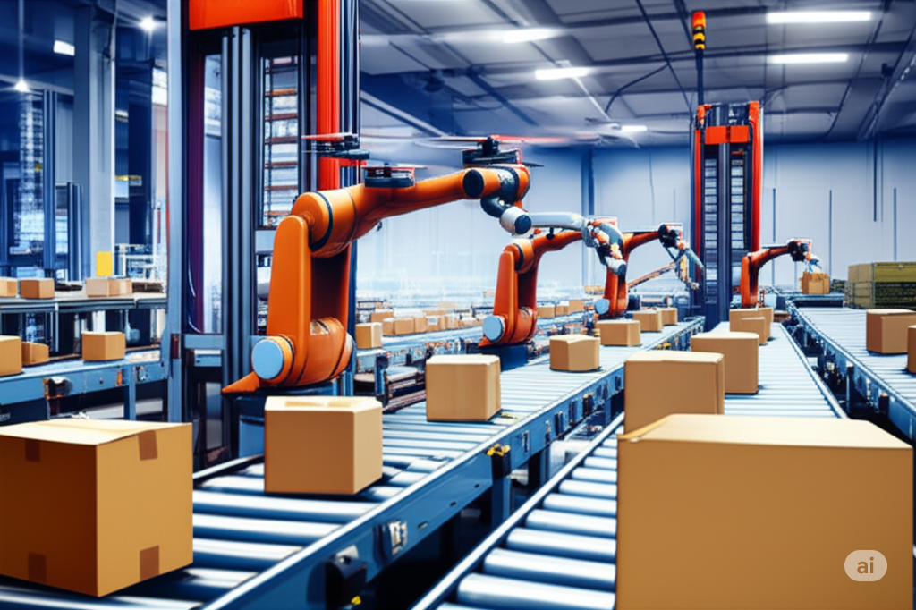 AI robots sorting packages on fulfillment center conveyor belt.