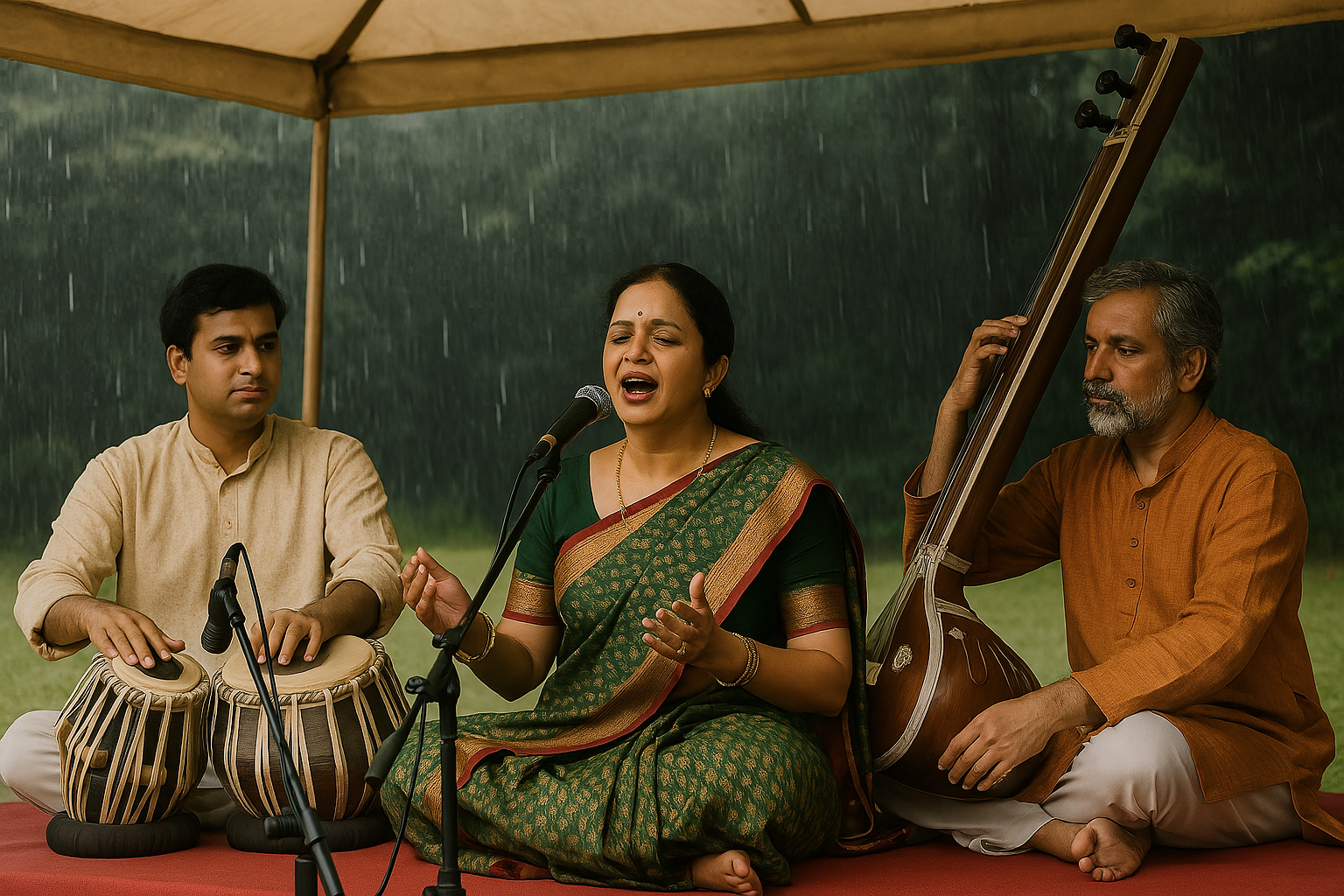 A classical Indian female singer performs under a canopy with tabla and tanpura players; soft rain falls in the background.