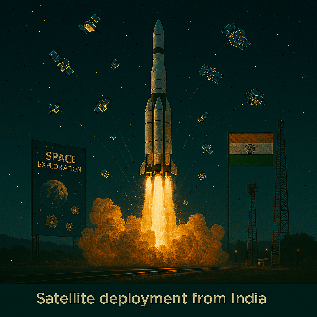 rocket launch from India releasing several small satellites into Earth's orbit with illuminated trails.