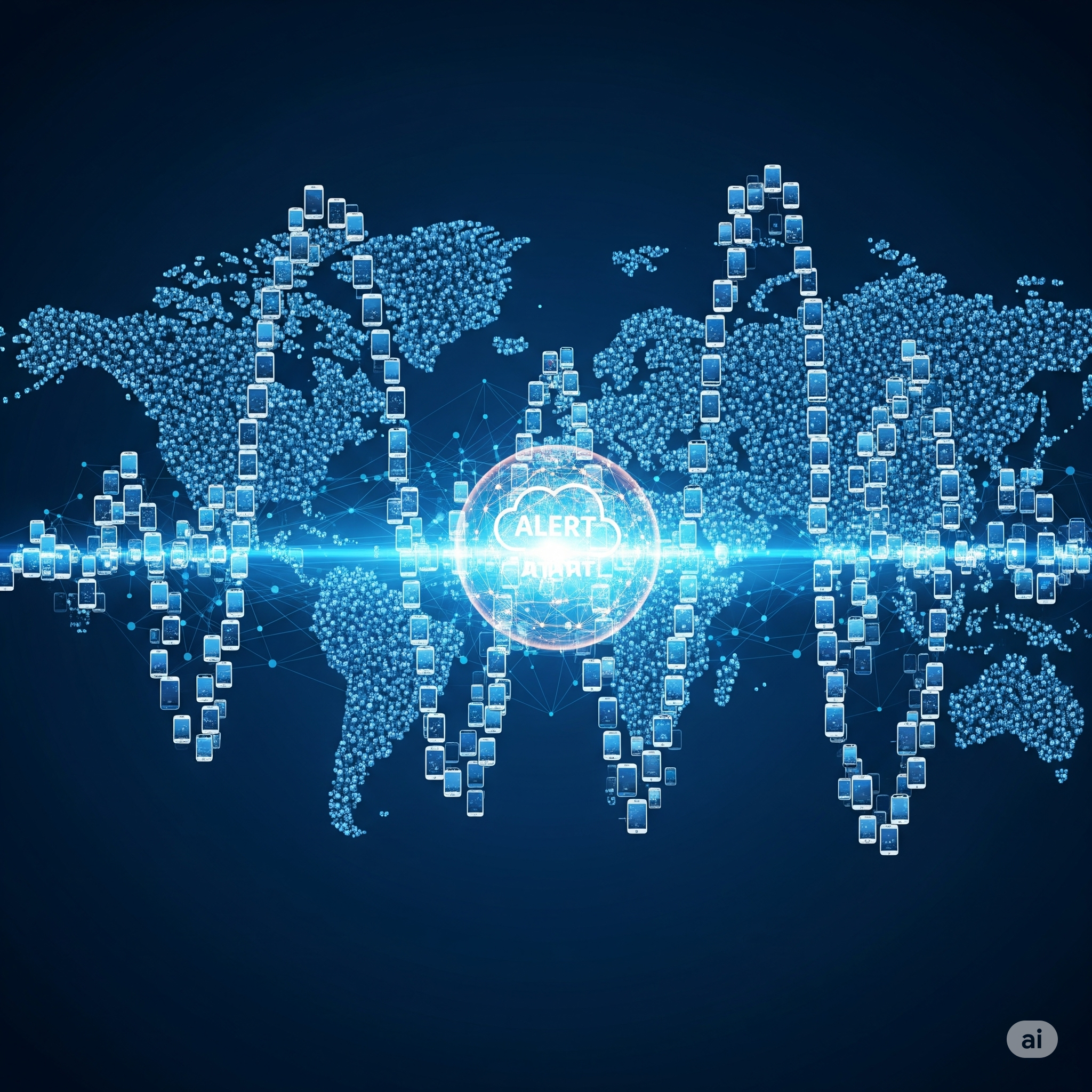 Global map with glowing smartphones forming seismic wave silhouette, connecting to a central alert cloud.