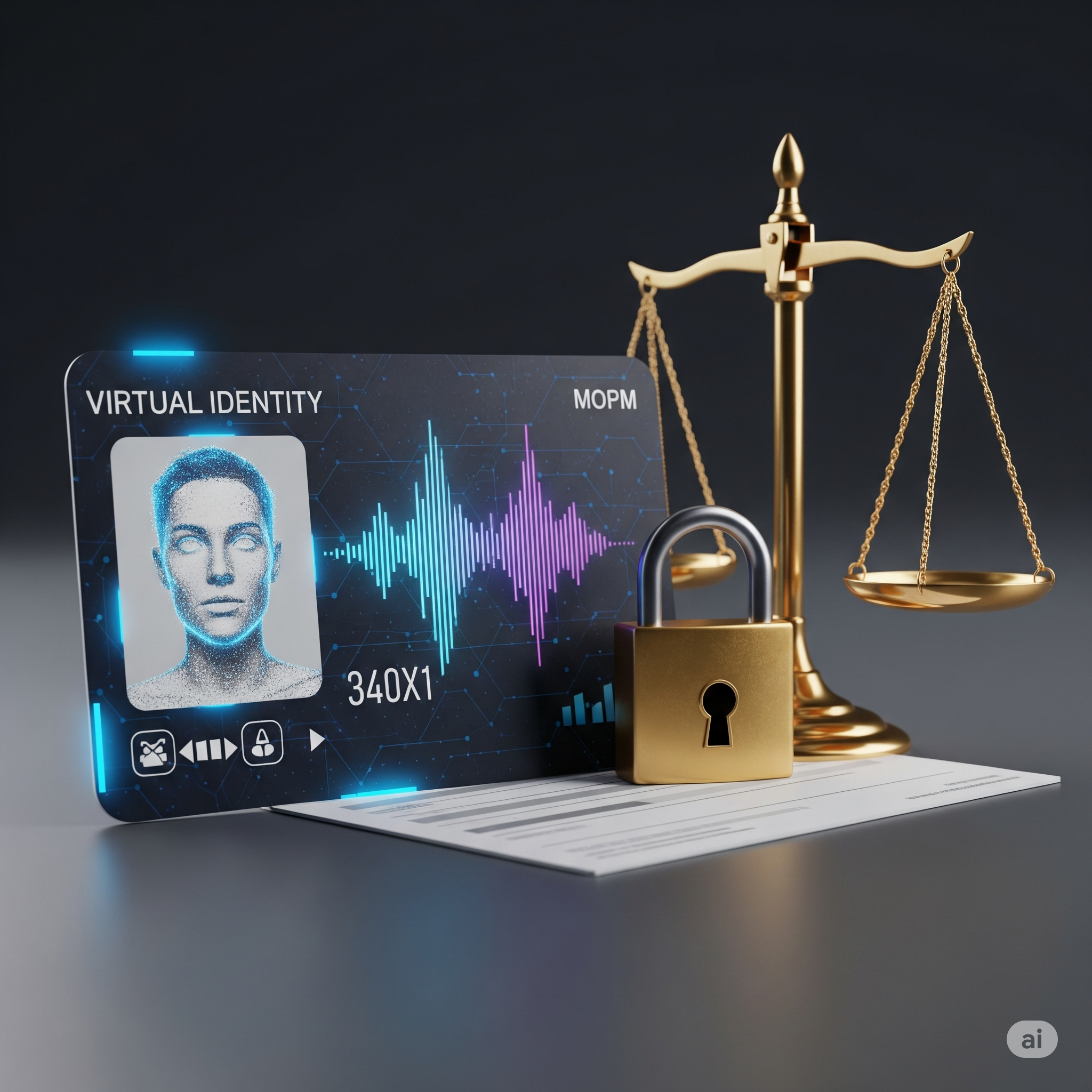 A virtual ID card displaying a glowing digital face and green voice waveform, protected by a silver padlock and golden legal scales.