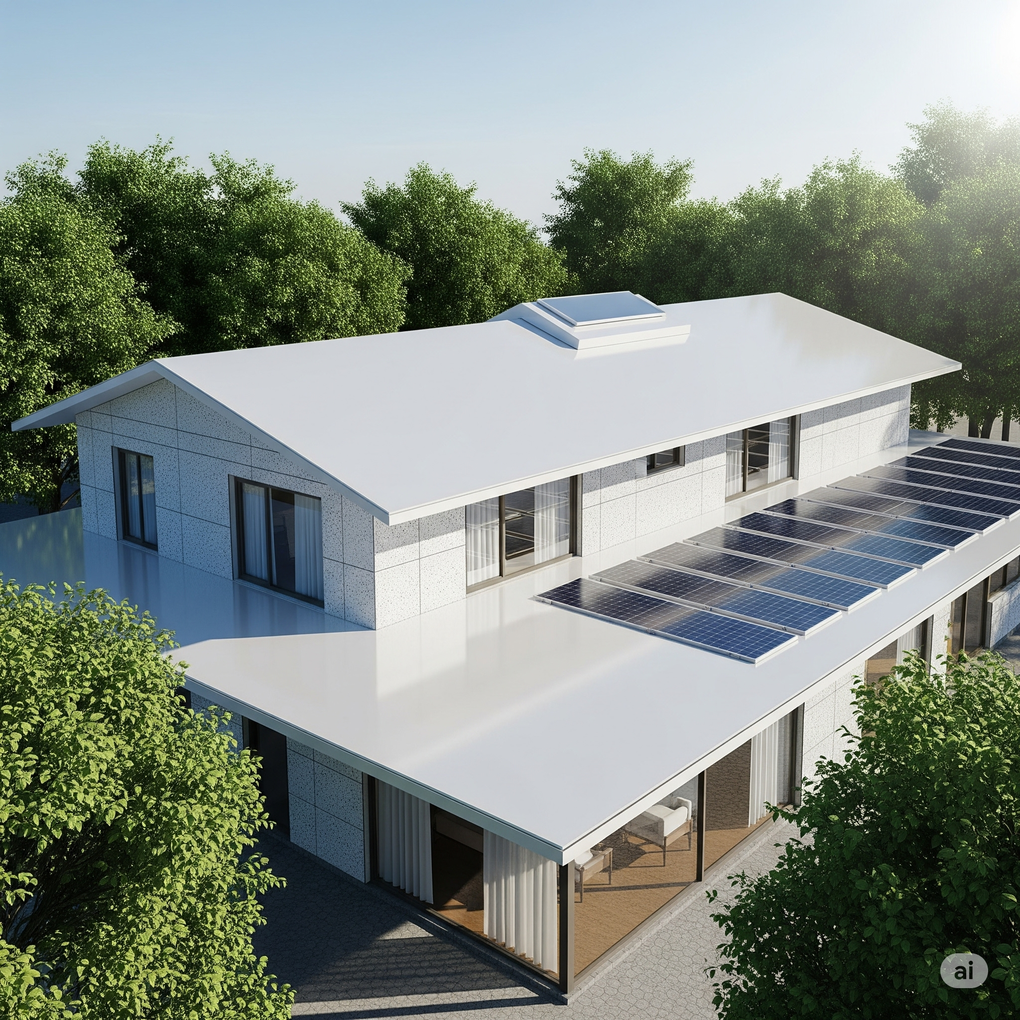 Futuristic Indian home, white roof, solar panels, trees, clear sky.