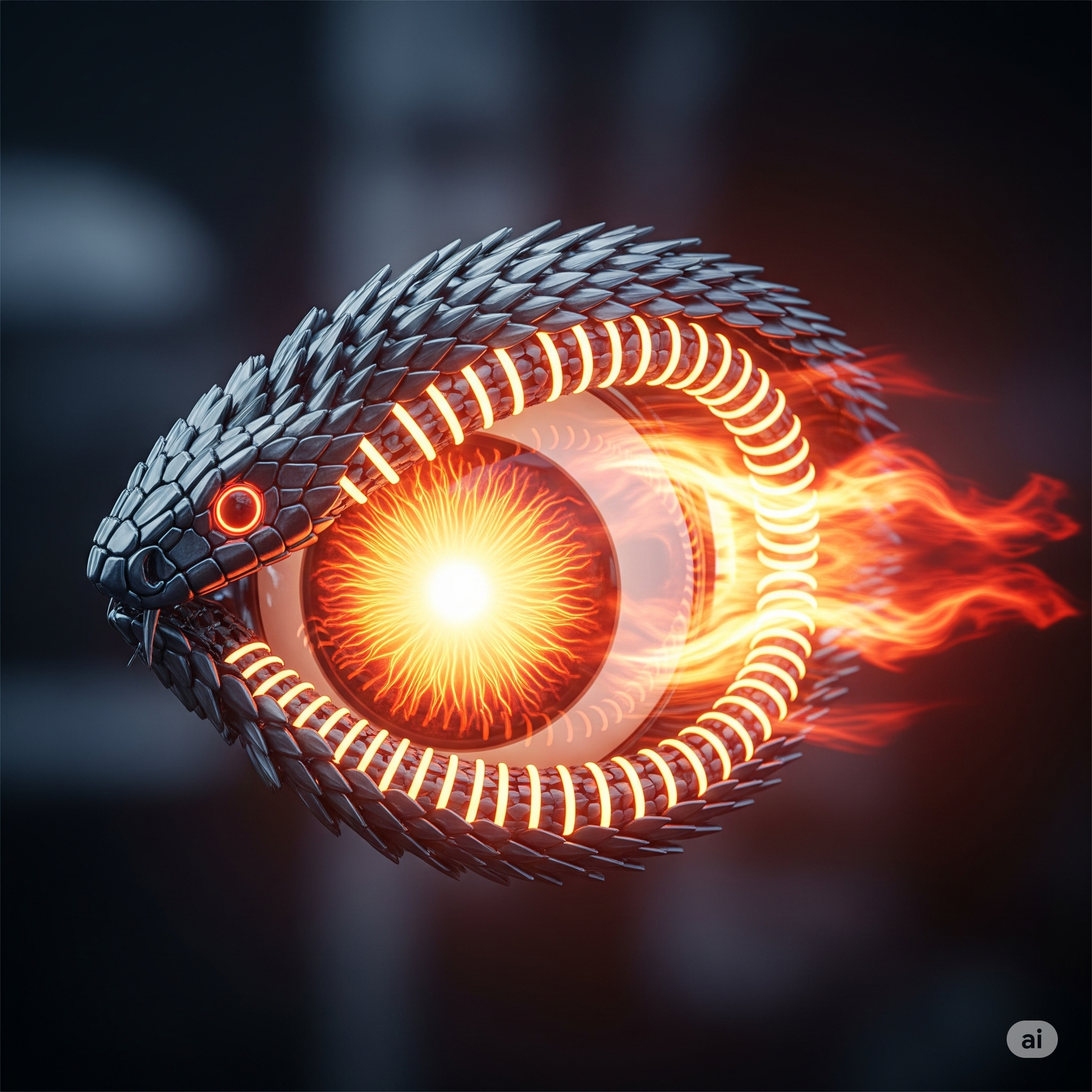 Robotic eye with snake heat sensor, glowing.