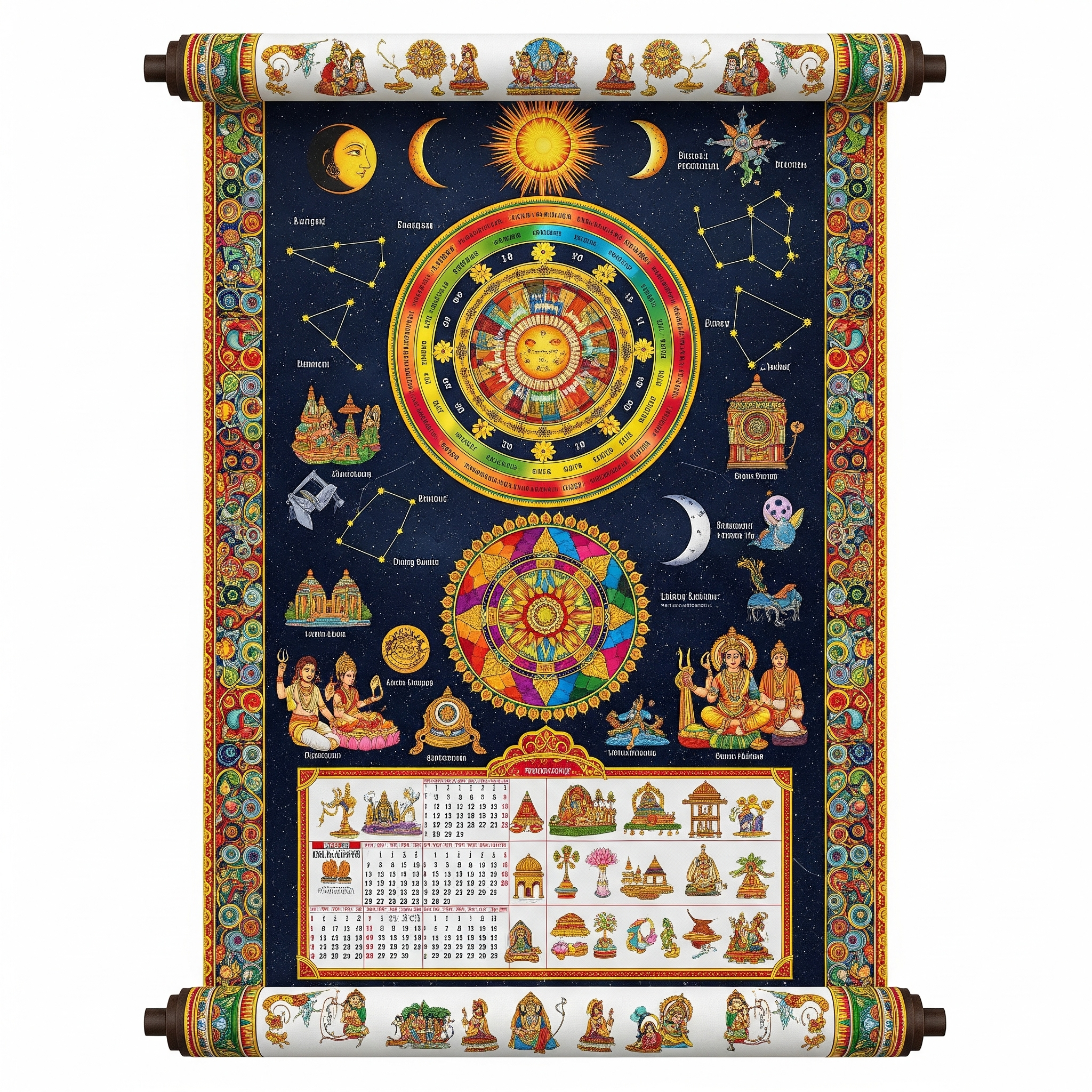 Hindu calendar scroll, astronomy, tradition, festivals, constellations.