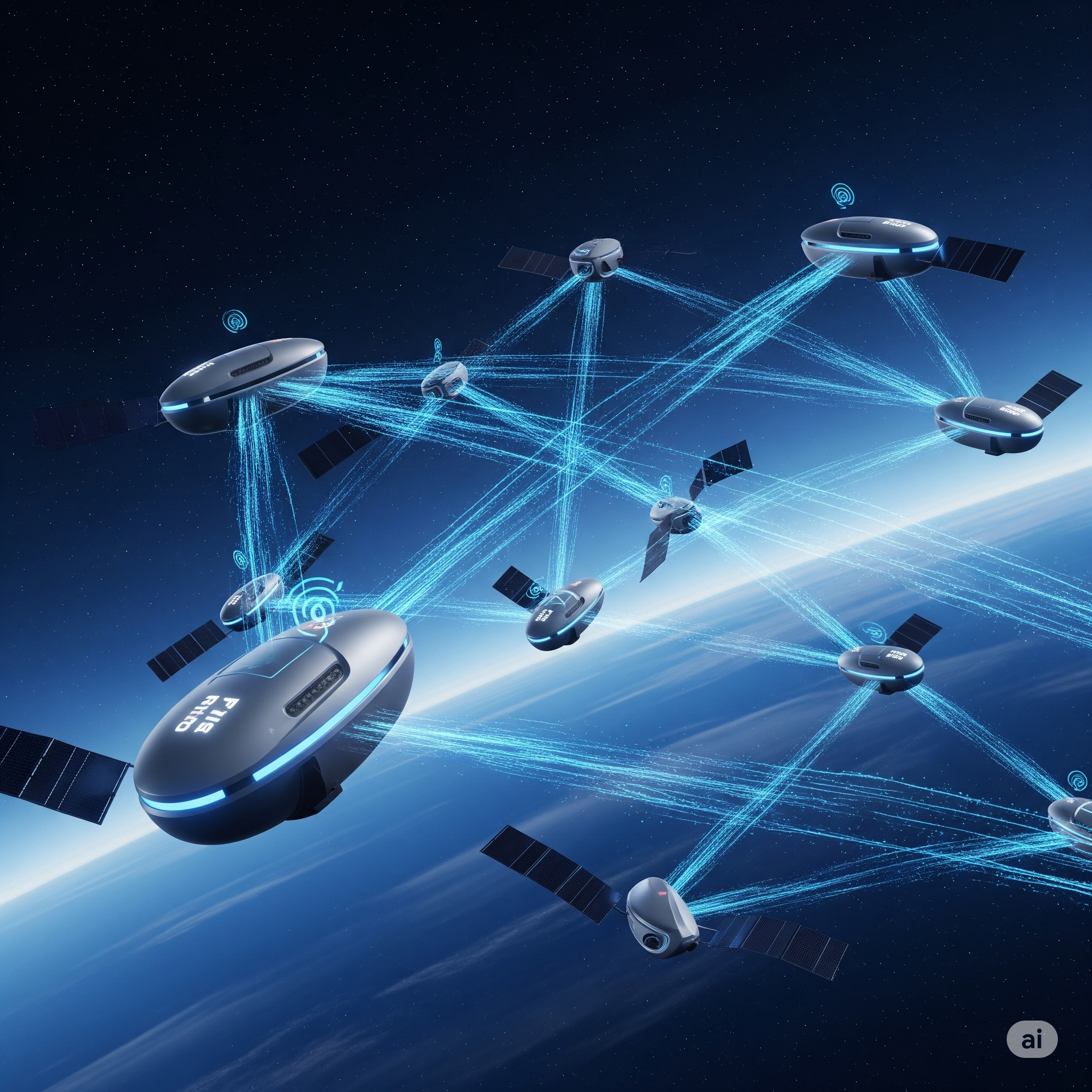 satellites, glowing digital beams, AI edge processing, data exchange.