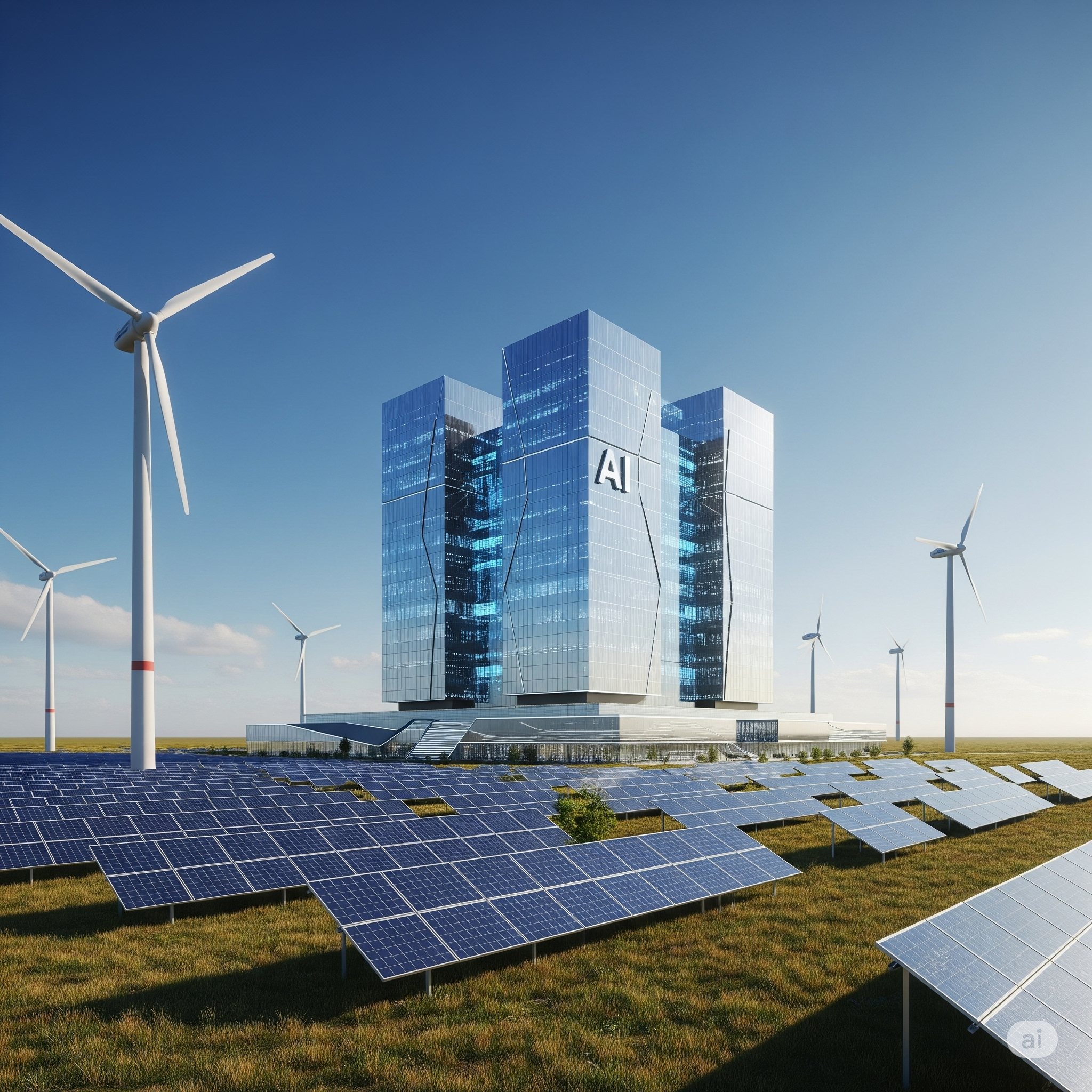 Futuristic data center with solar panels and wind turbines.
