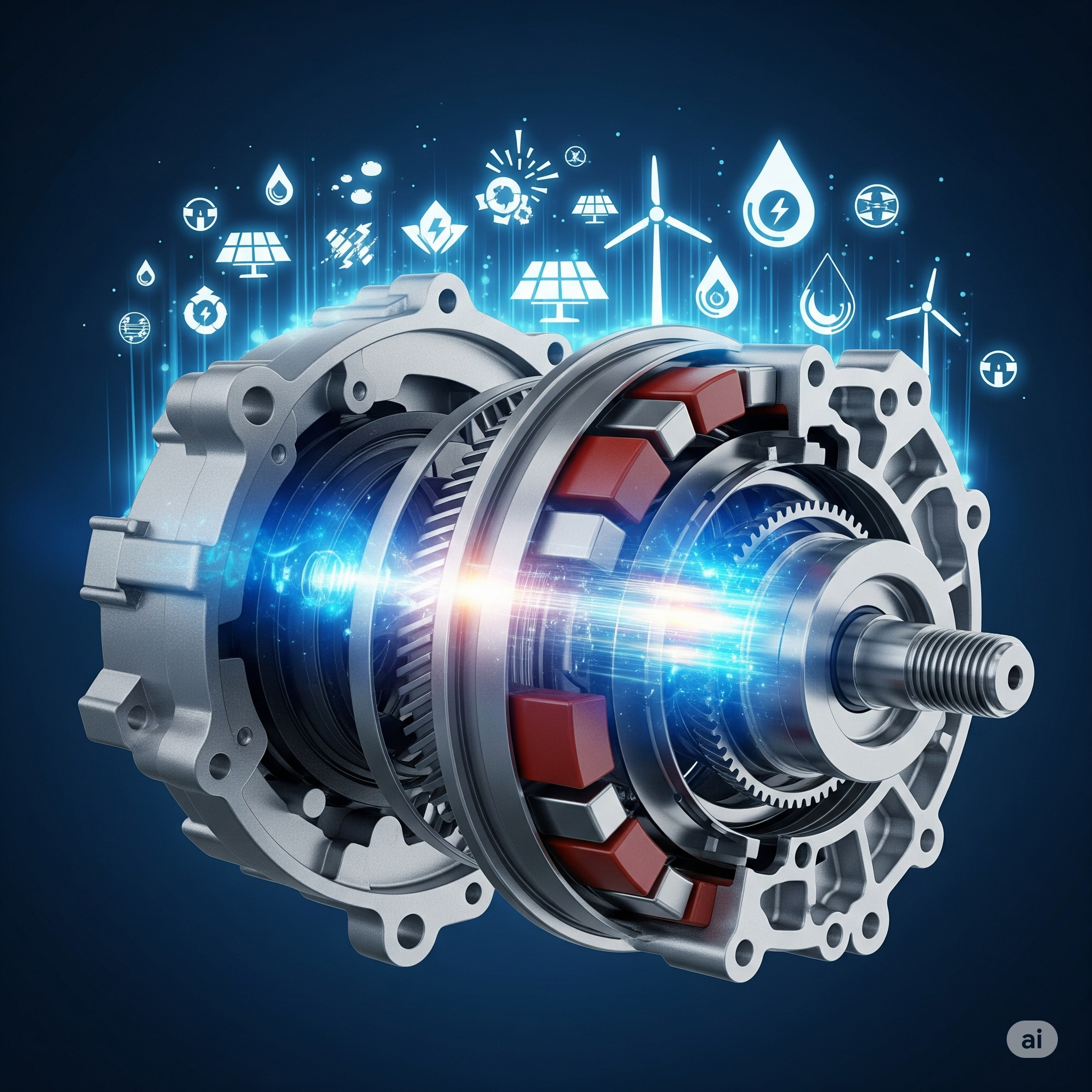 Electric car motor cutaway, rare earth magnets, glowing clean energy icons.