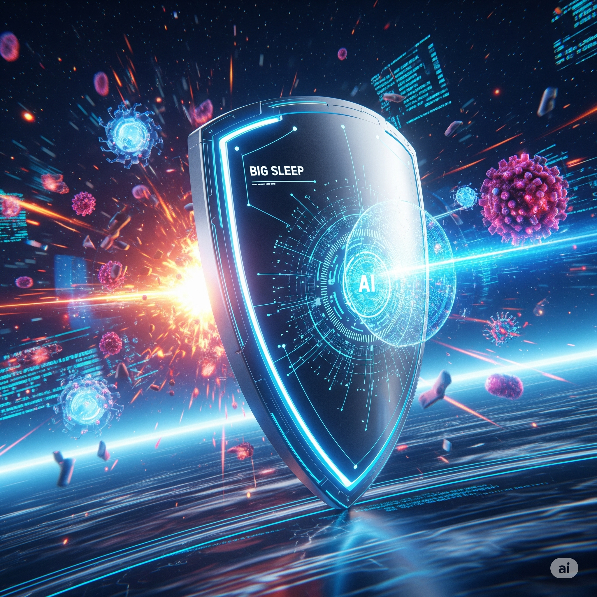 Futuristic AI shield "Big Sleep" deflects digital malware.