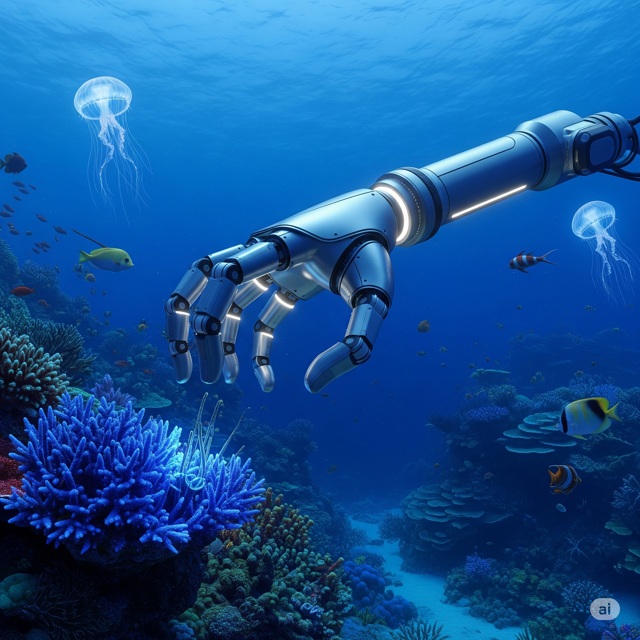 Robotic arm resembling human hand near coral reef, deep ocean.