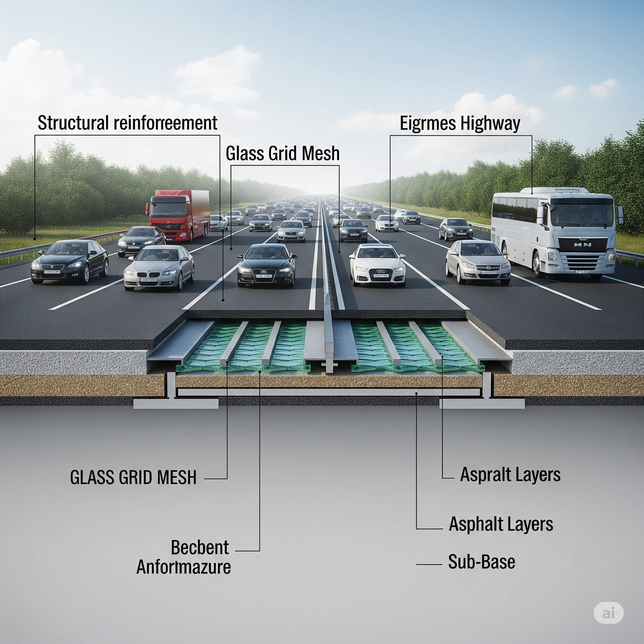 Highway cross-section: glass grid mesh, traffic, labeled reinforcement.