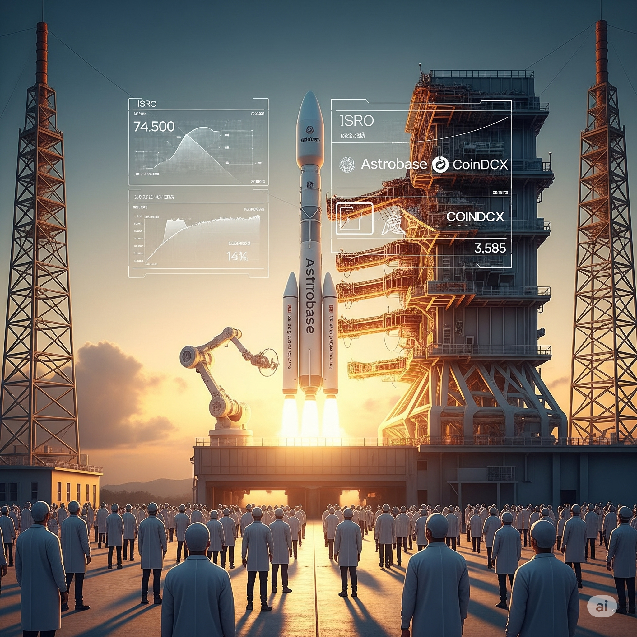 Futuristic Indian launchpad, Astrobase rocket, ISRO, CoinDCX logos, satellite metrics.