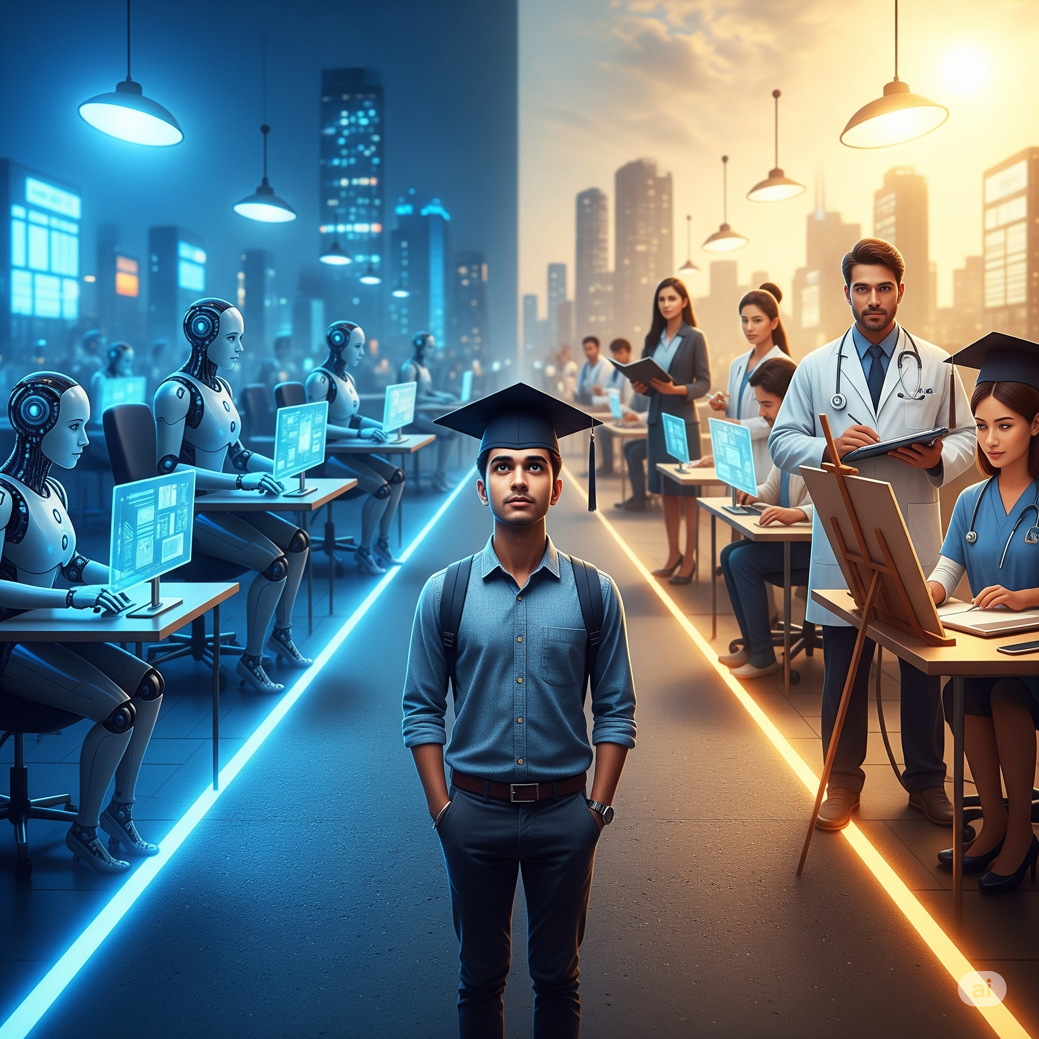 Indian graduate choosing between AI and human careers.
