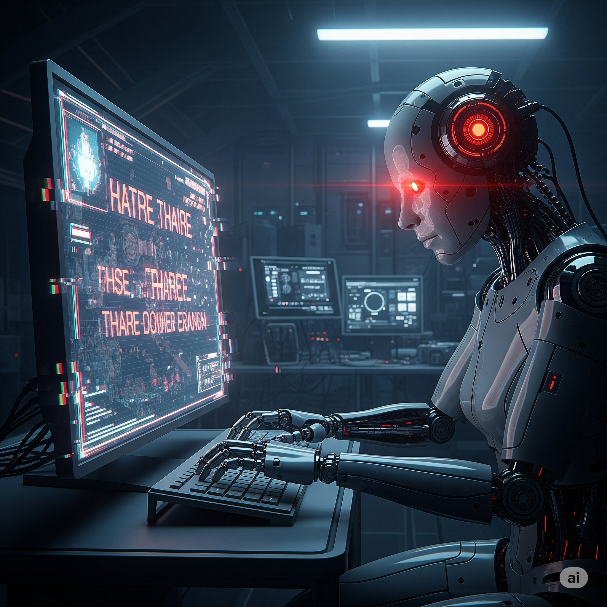 Robot with red eyes typing hateful messages on screen, glitch.