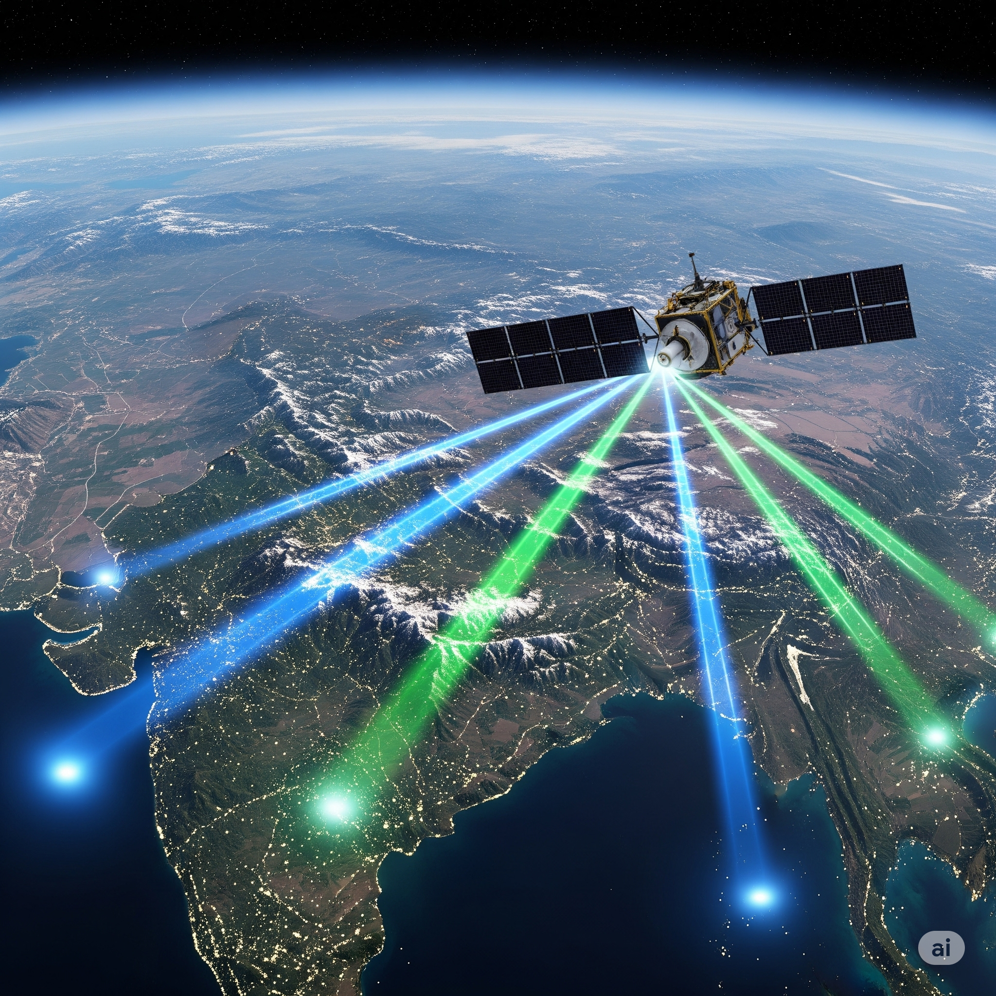 Satellite connecting remote Indian villages with beams.