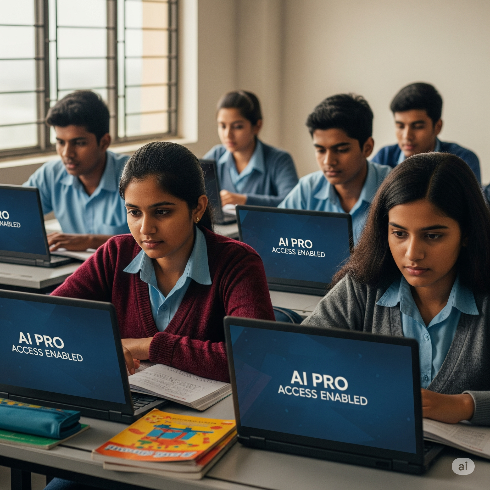 Indian students using laptops with "AI Pro Access Enabled" on screen.