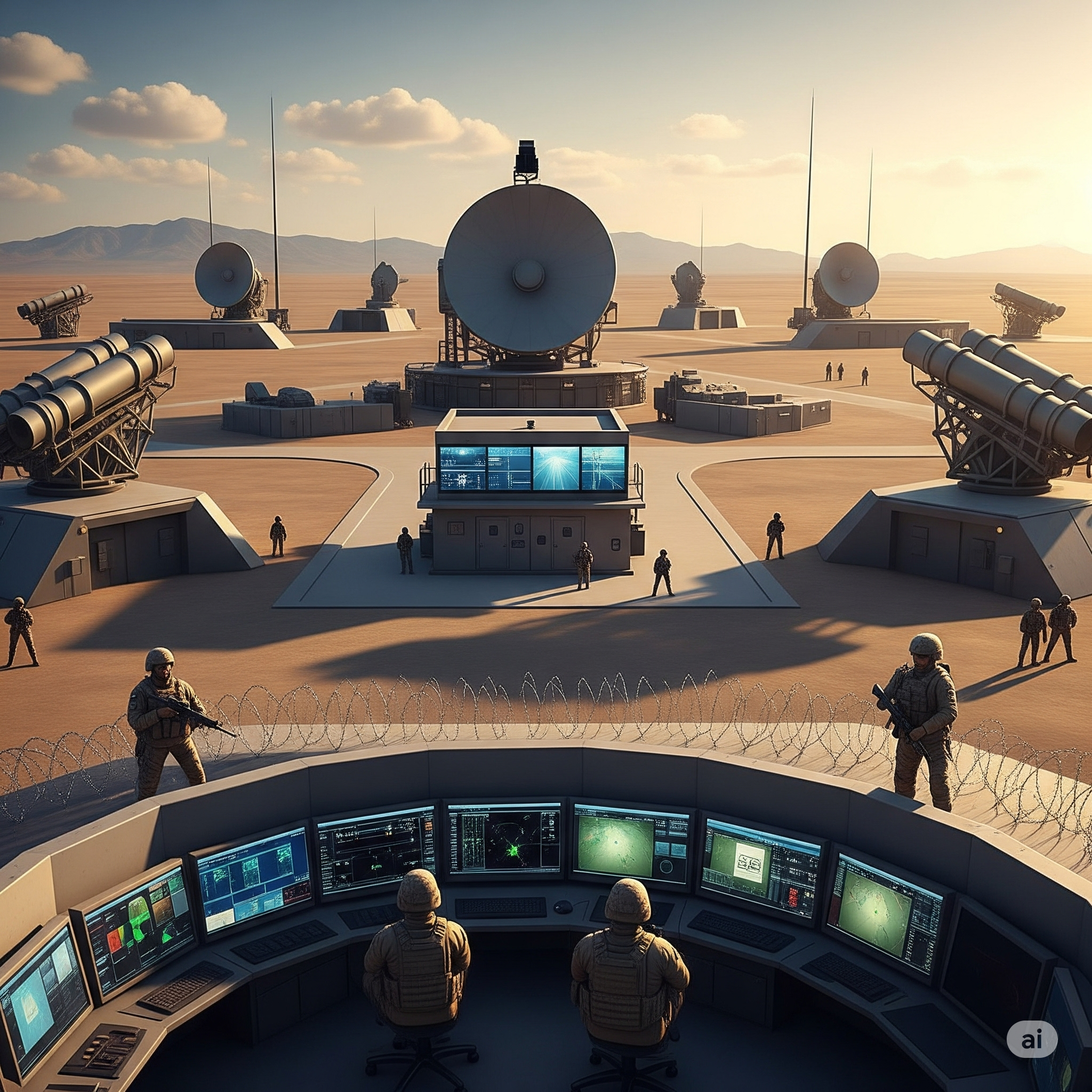 Advanced military defense systems, radar, and control center.