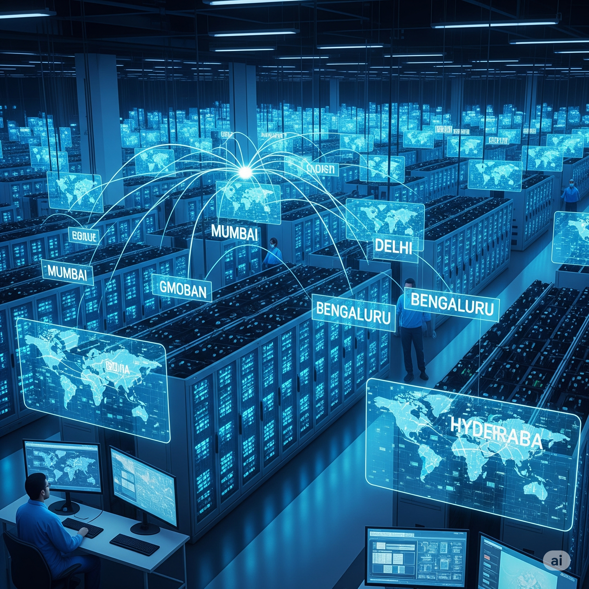 Indian data center, glowing GPU racks, city connections.