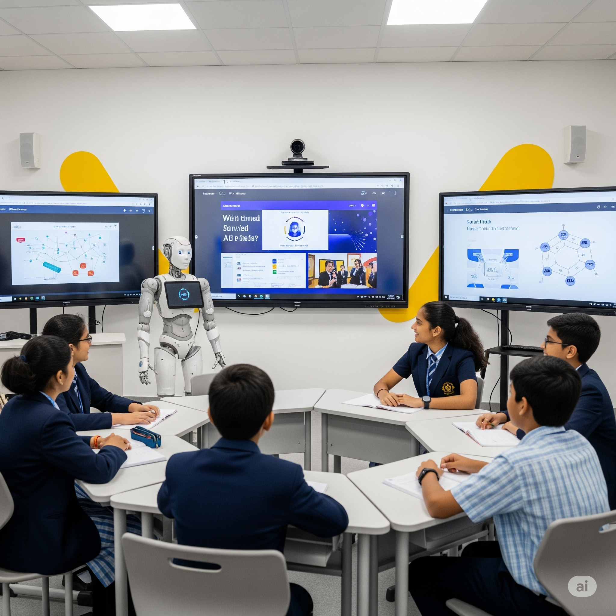 Humanoid robot teaching students in an Indian classroom.