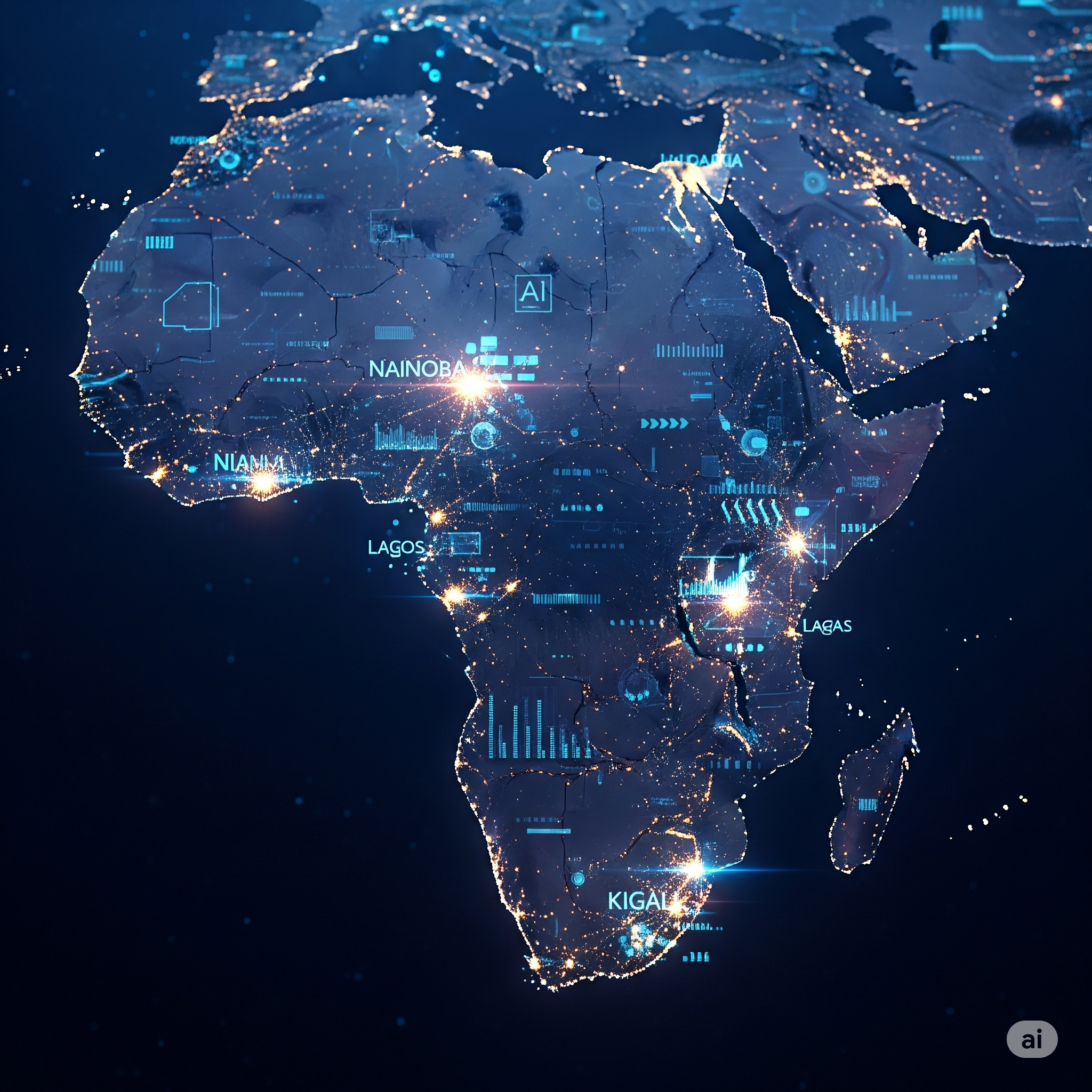 Africa map, AI circuits, tech hubs.