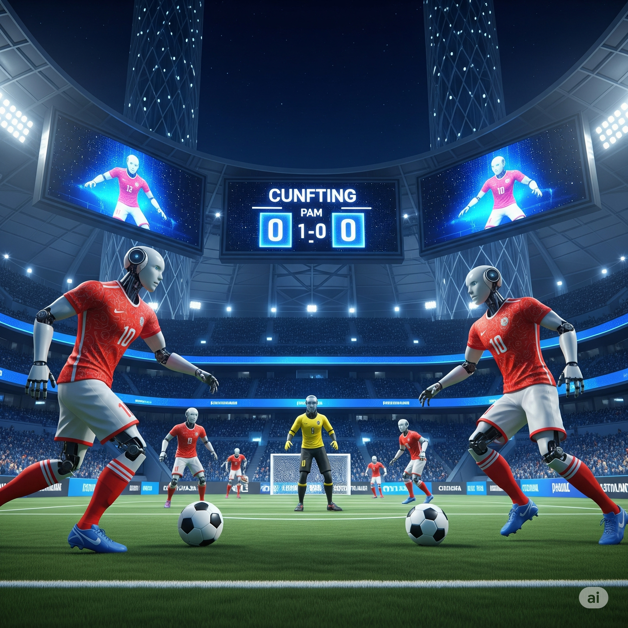 Humanoid robots play soccer in a high-tech stadium.