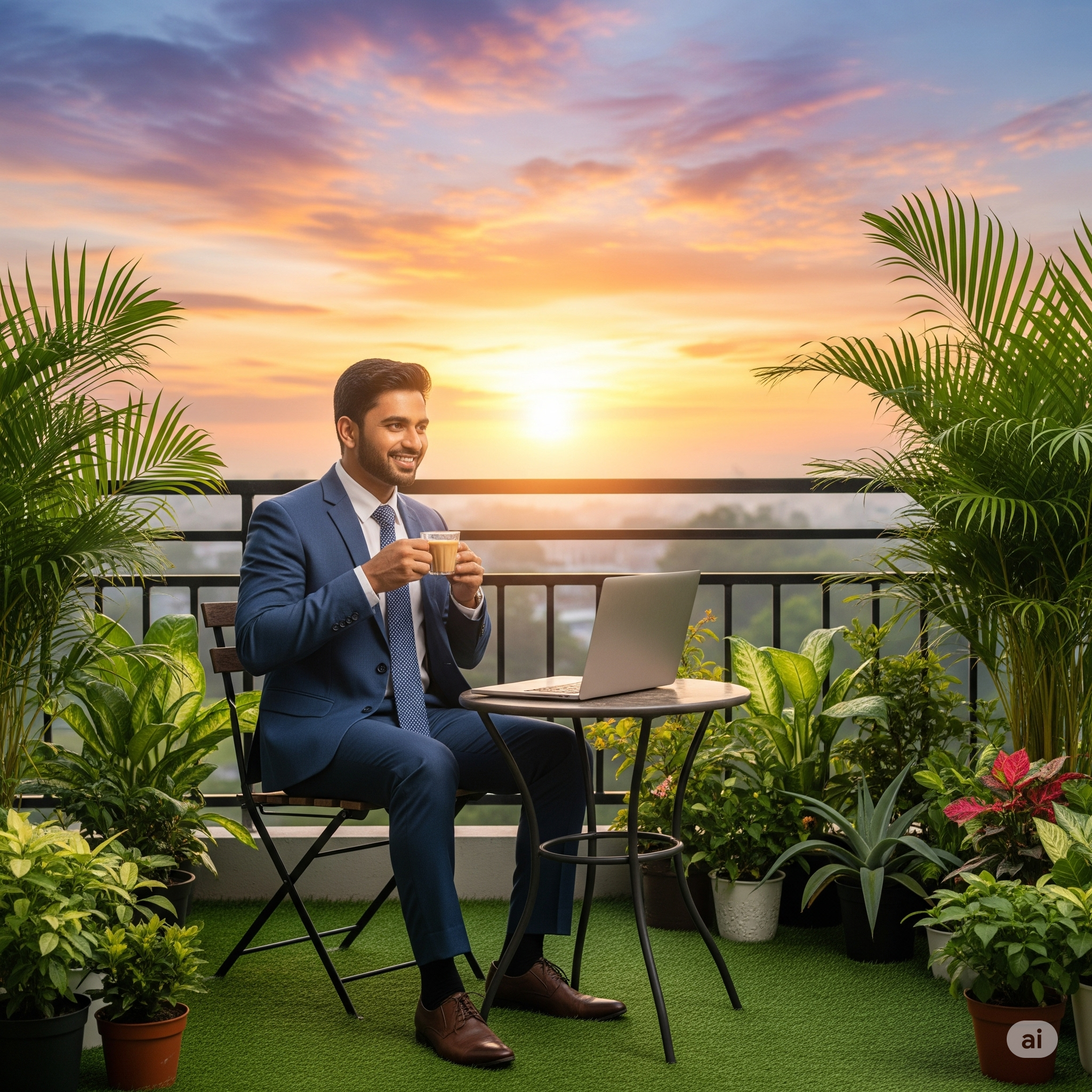 Indian executive smiling, sipping chai on balcony at sunrise.