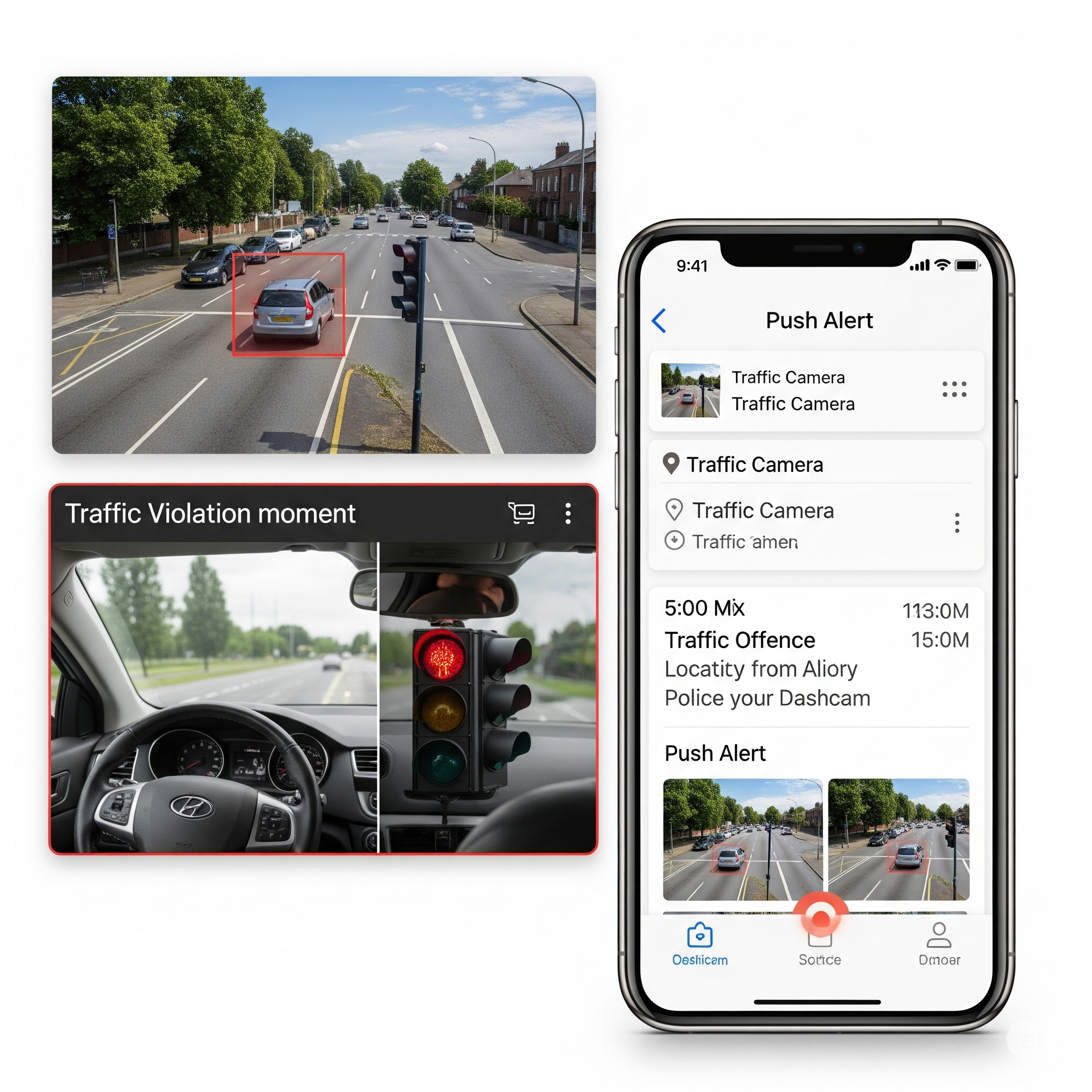 AI traffic violation detection with dashcam view and police alert.