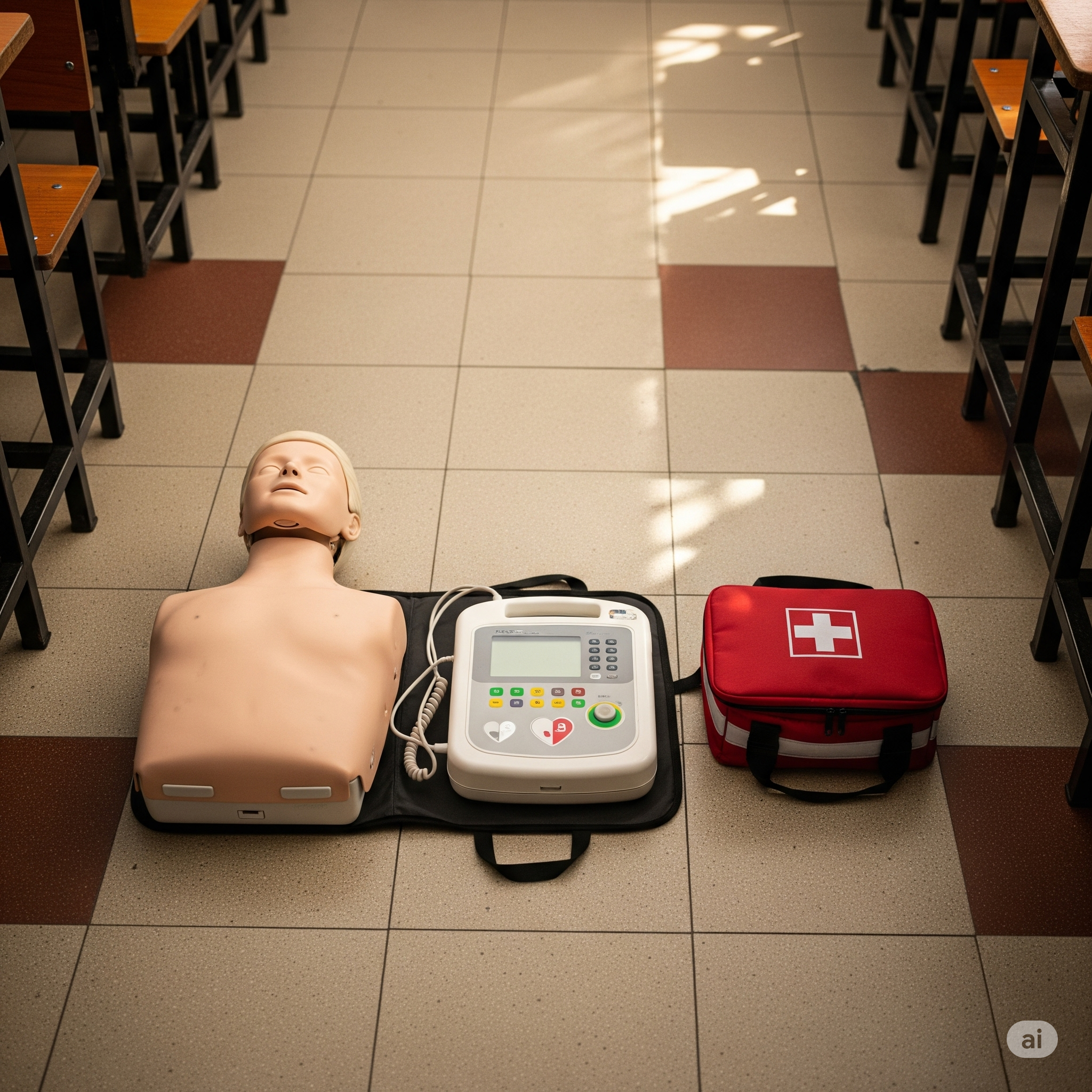 CPR dummy, AED, first-aid kit on Indian classroom floor.