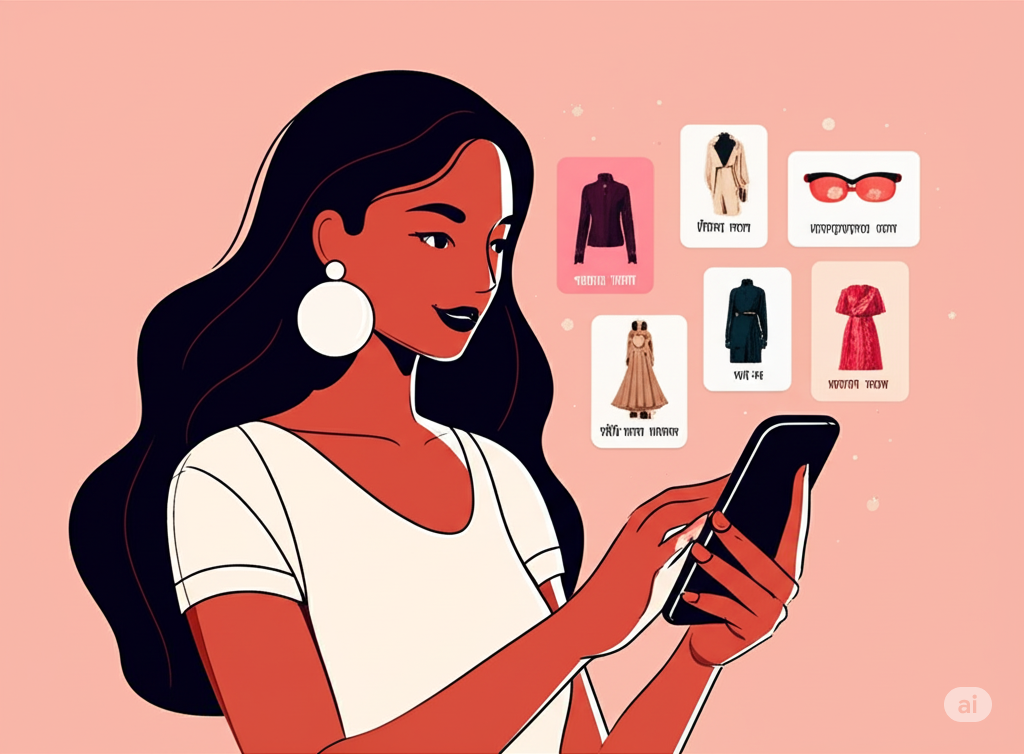 Young Indian woman uses fashion app with AI personalized recommendations.
