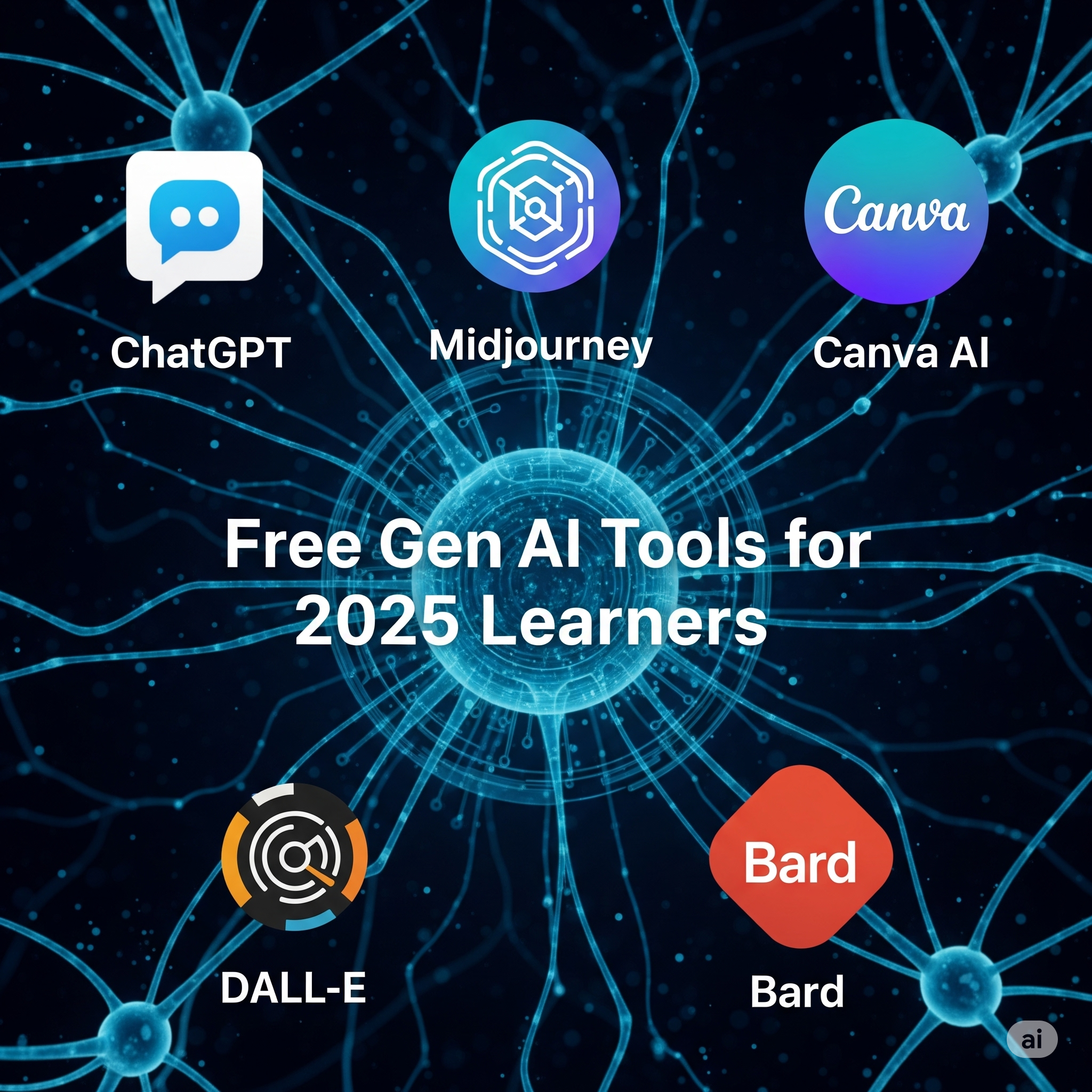 Icons of various Gen AI tools on neural background.